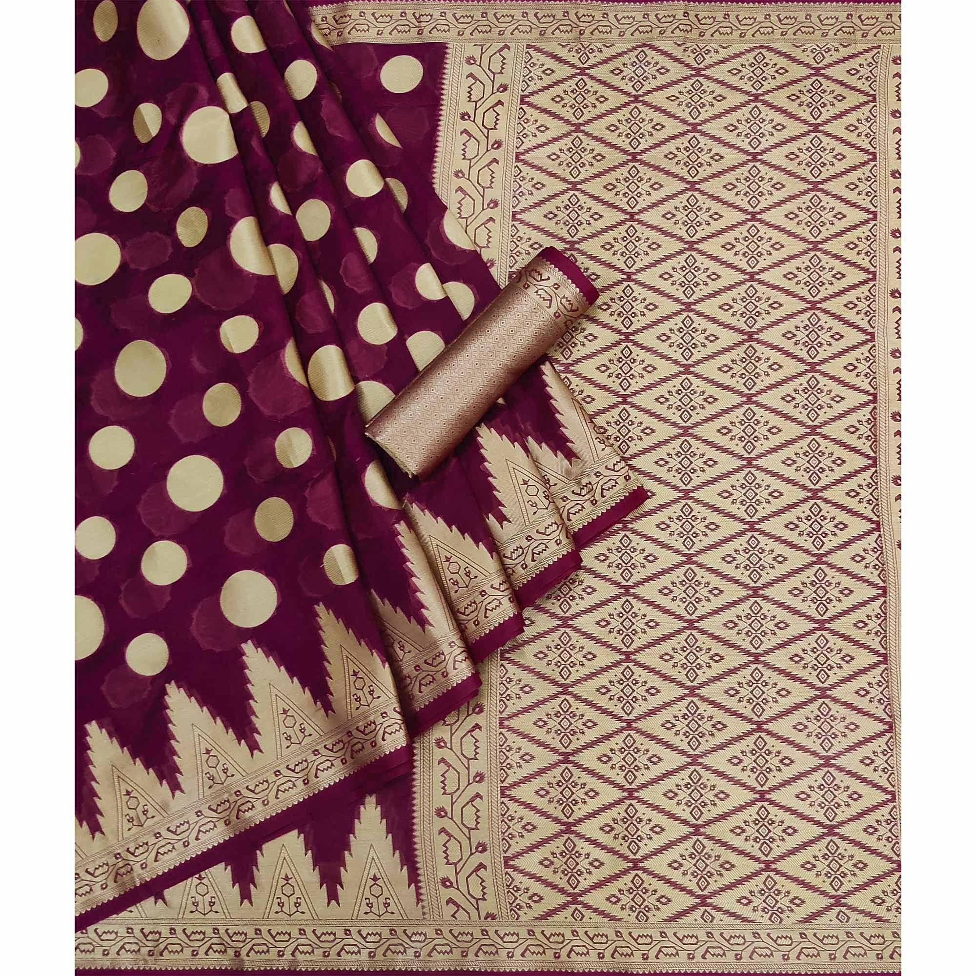 Wine Woven Organza Saree - Peachmode