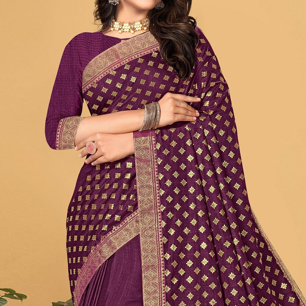 Wine Woven Vichitra Silk Saree - Peachmode