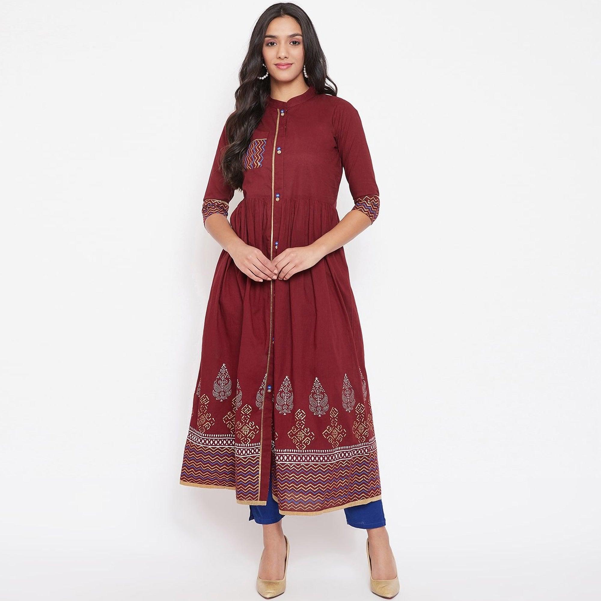 WineRed - Women Maroon Cotton Printed Kurti - Peachmode