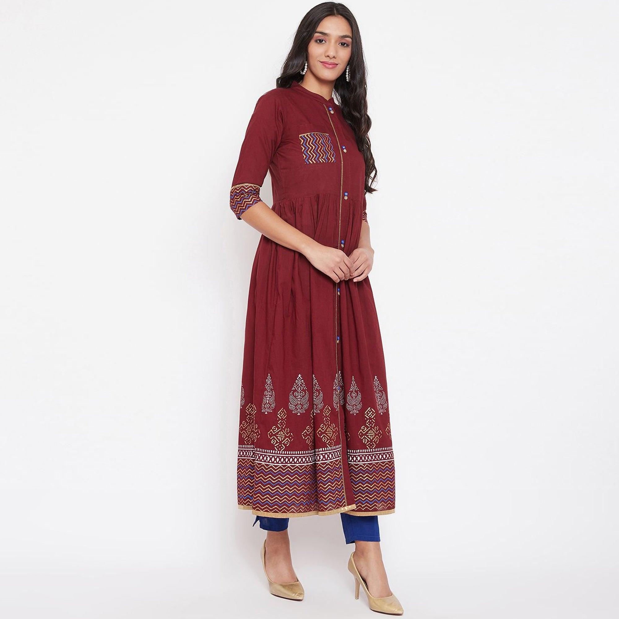 WineRed - Women Maroon Cotton Printed Kurti - Peachmode