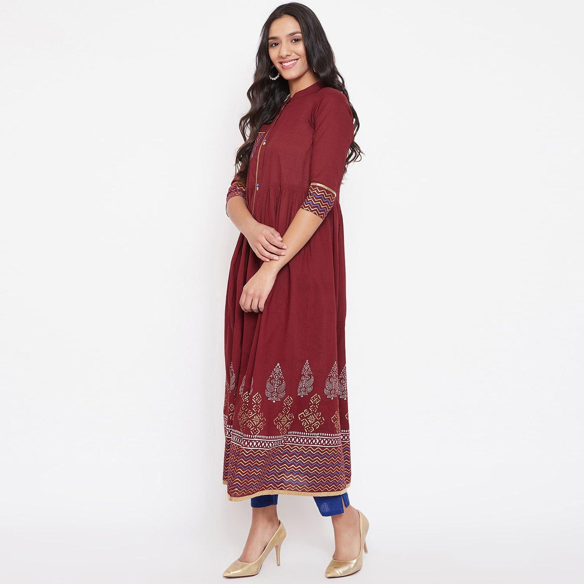 WineRed - Women Maroon Cotton Printed Kurti - Peachmode