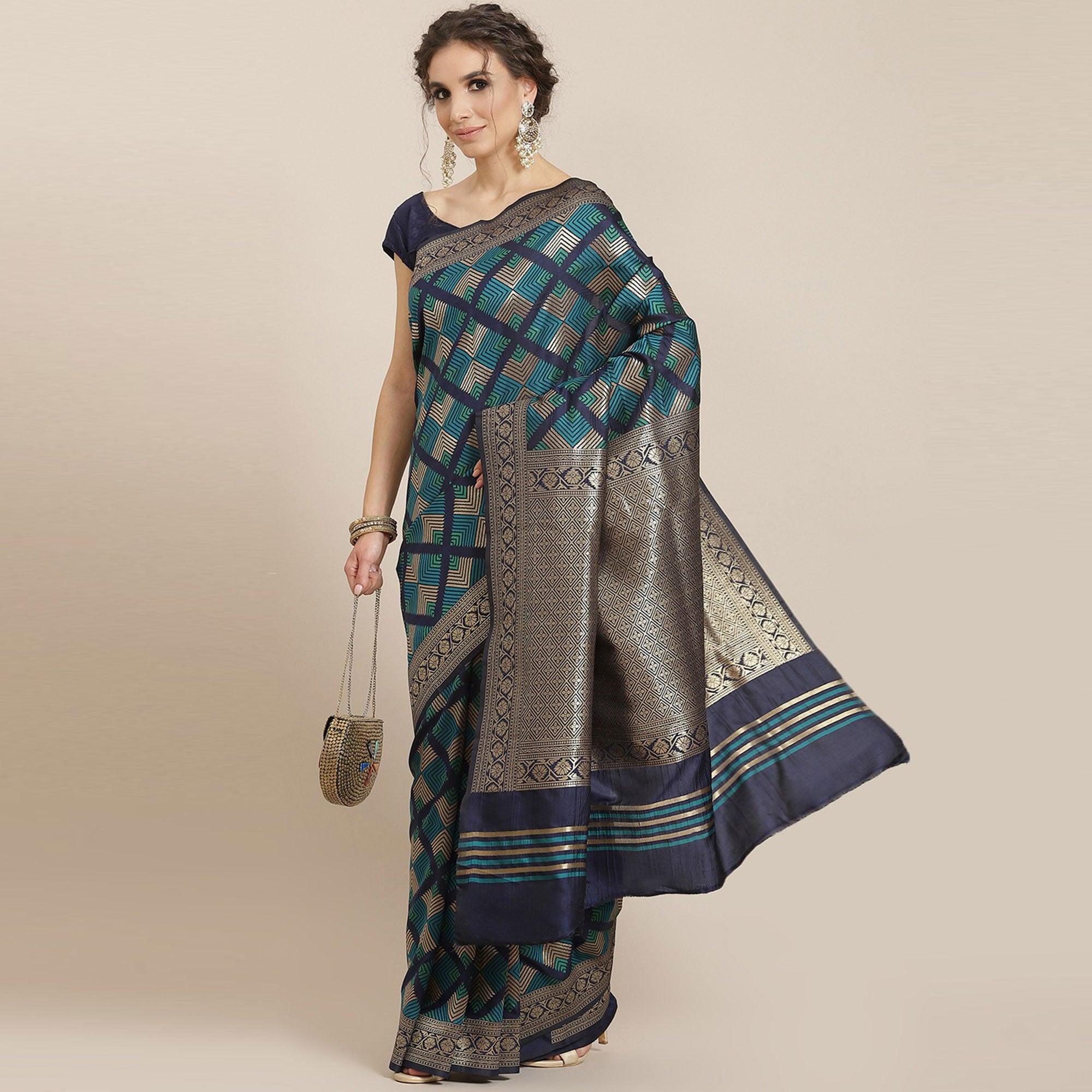 Women's Blue Festive Wear Woven Kanjivaram Silk Saree With Unstitched Blouse - Peachmode