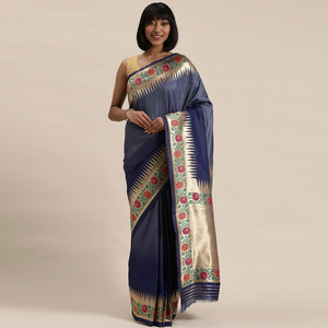 Women's Blue Festive Wear Woven Kanjivaram Silk Saree With Unstitched Blouse - Peachmode
