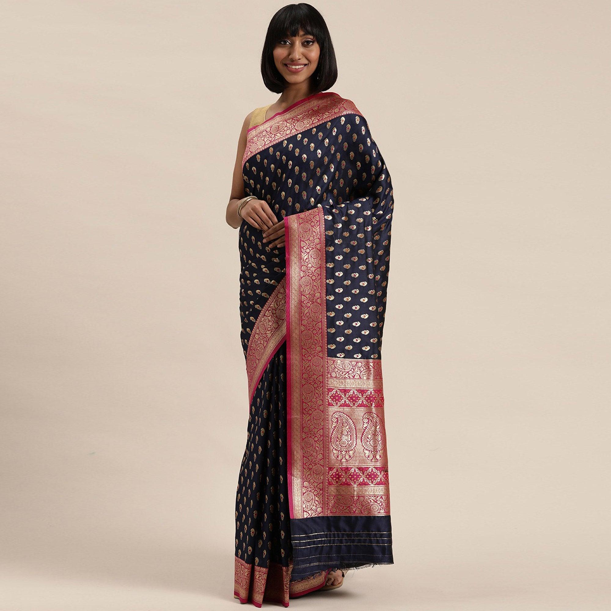 Women's Blue Festive Wear Woven Kanjivaram Silk Saree With Unstitched Blouse - Peachmode