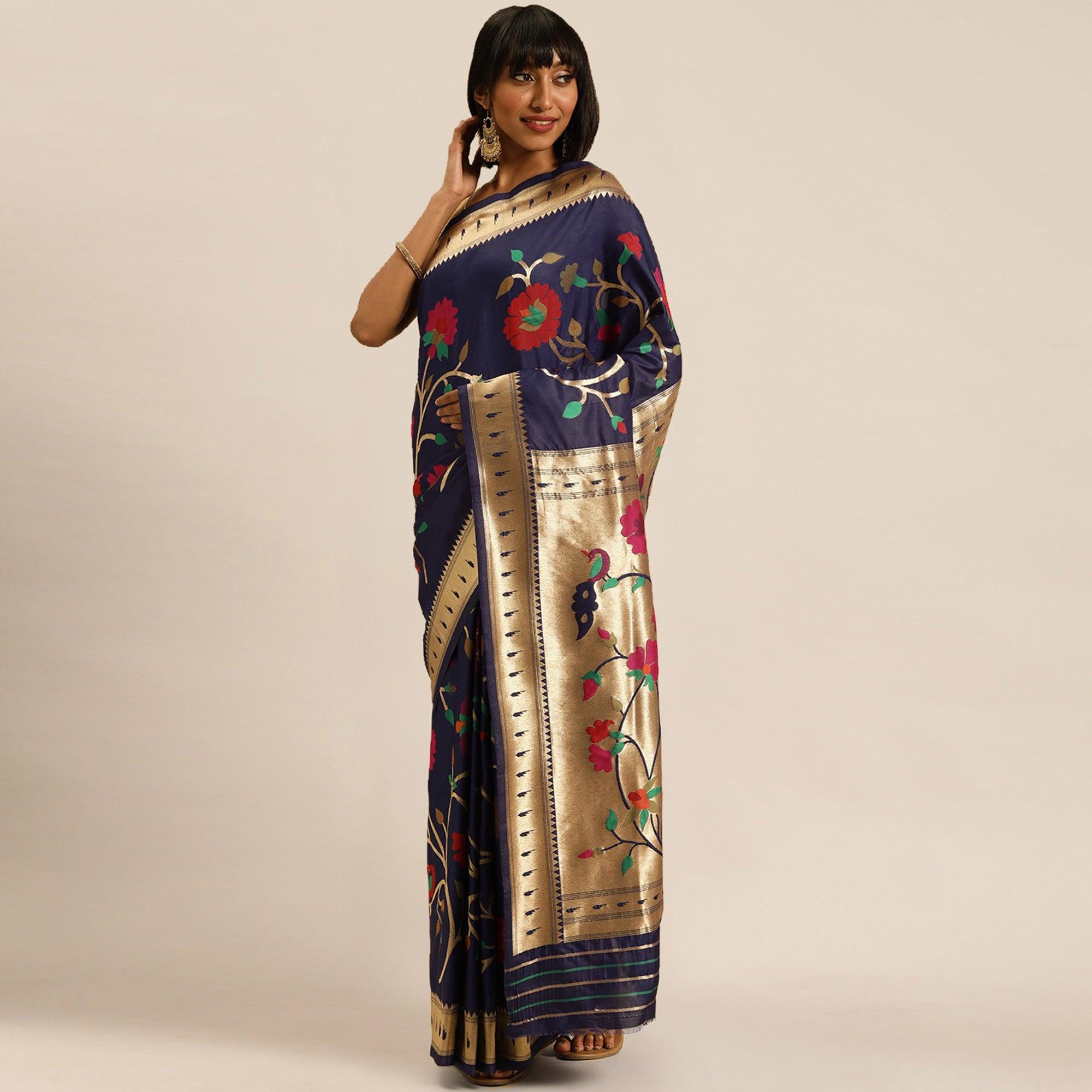 Women's Blue Festive Wear Woven Kanjivaram Silk Saree With Unstitched Blouse - Peachmode