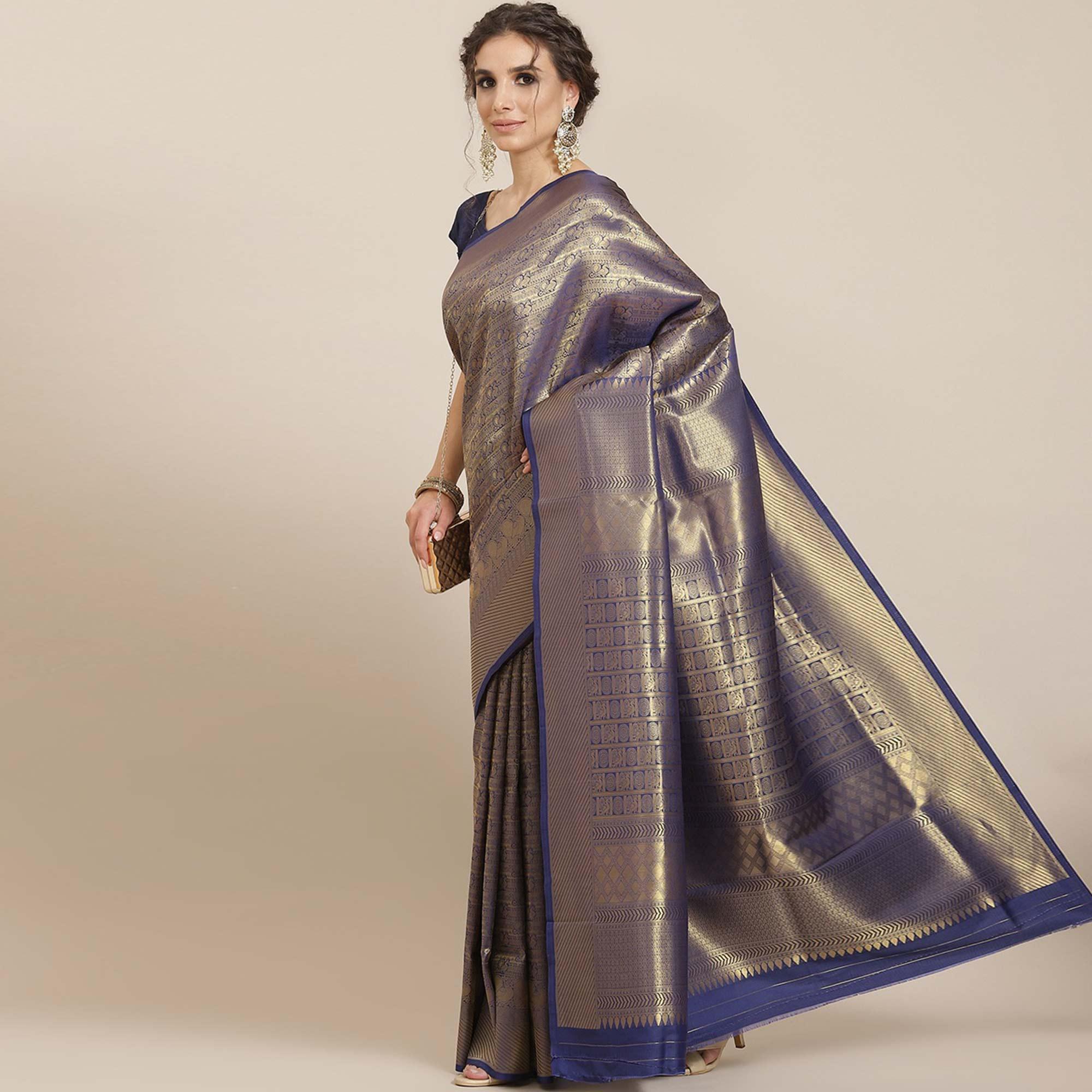Women's Blue Festive Wear Woven Kanjivaram Silk Saree With Unstitched Blouse - Peachmode