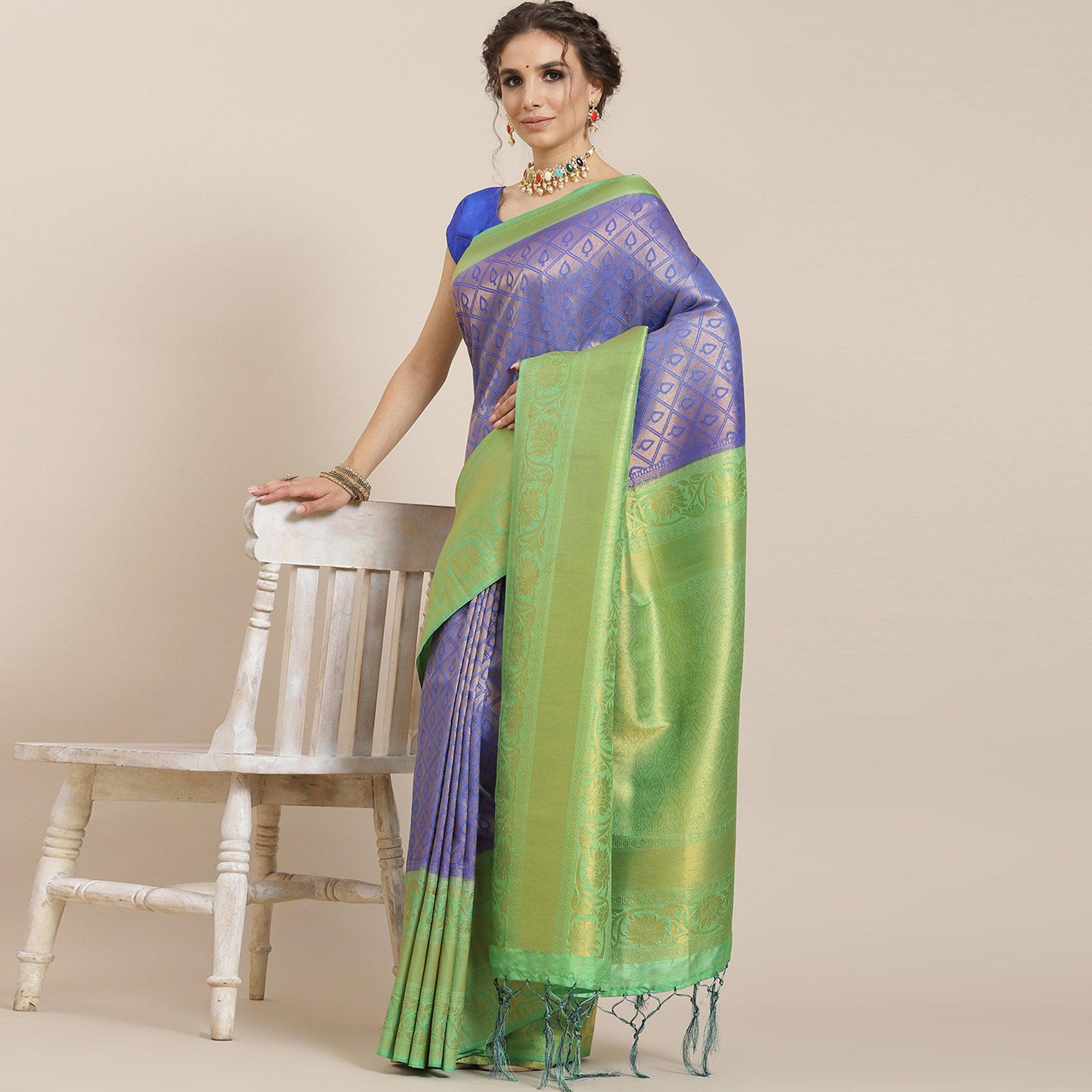 Women's Blue Festive Wear Woven Kanjivaram Silk Saree With Unstitched Blouse - Peachmode