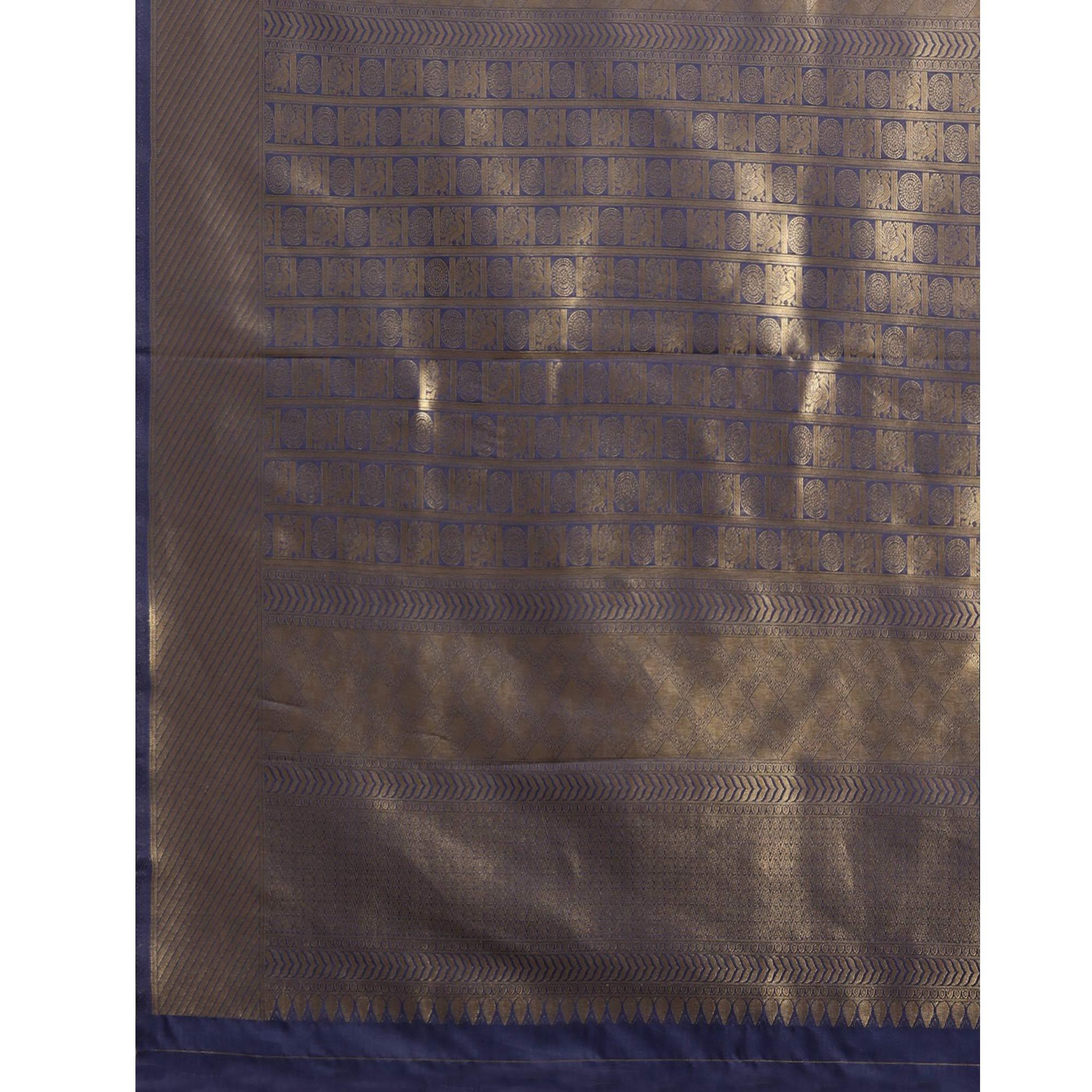 Women's Blue Festive Wear Woven Kanjivaram Silk Saree With Unstitched Blouse - Peachmode