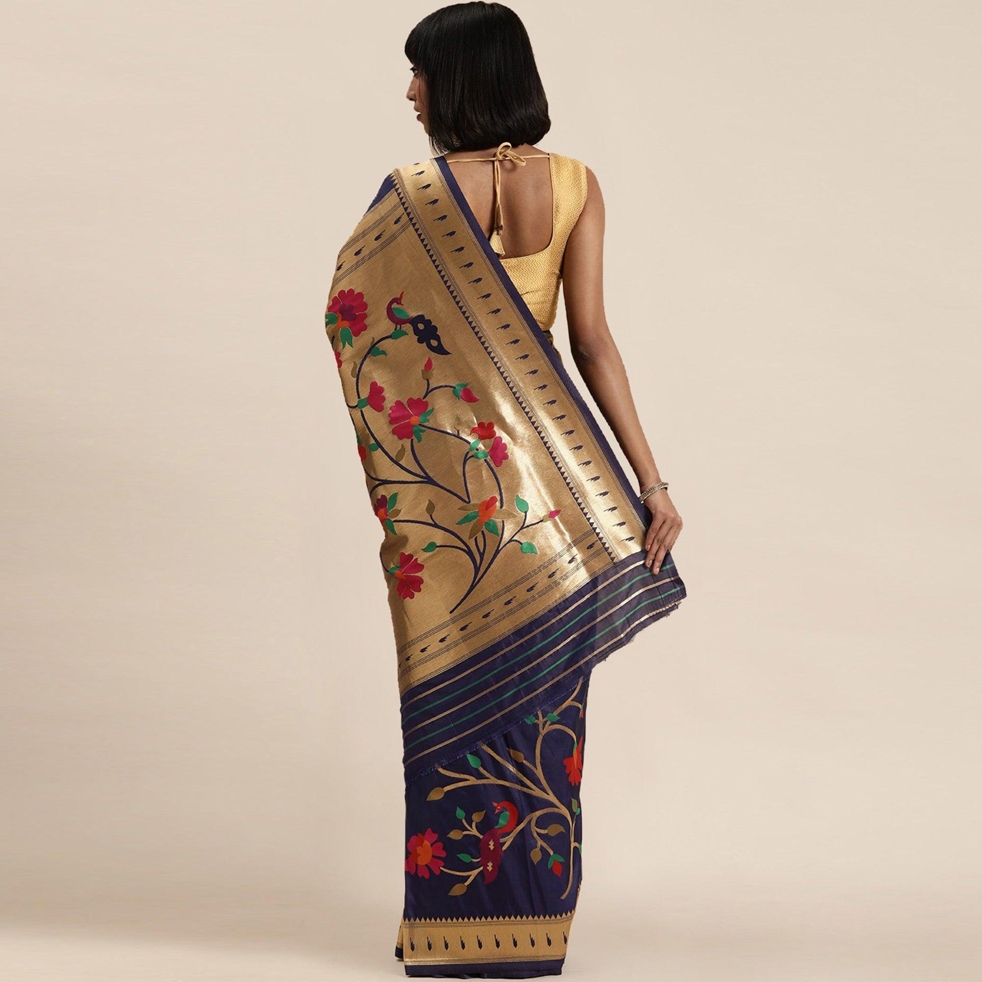 Women's Blue Festive Wear Woven Kanjivaram Silk Saree With Unstitched Blouse - Peachmode