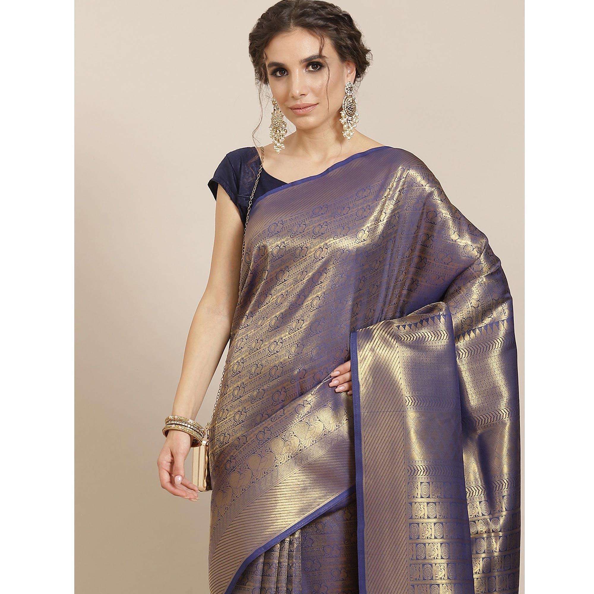 Women's Blue Festive Wear Woven Kanjivaram Silk Saree With Unstitched Blouse - Peachmode