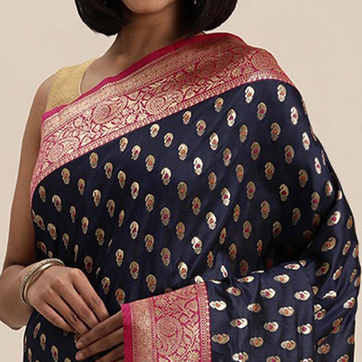 Women's Blue Festive Wear Woven Kanjivaram Silk Saree With Unstitched Blouse - Peachmode