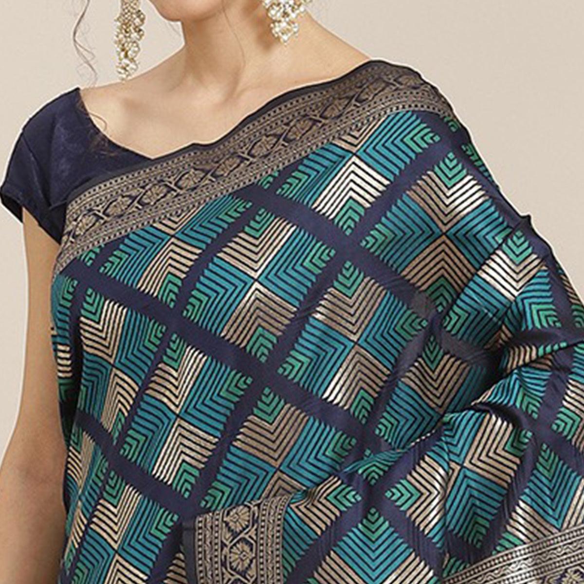 Women's Blue Festive Wear Woven Kanjivaram Silk Saree With Unstitched Blouse - Peachmode