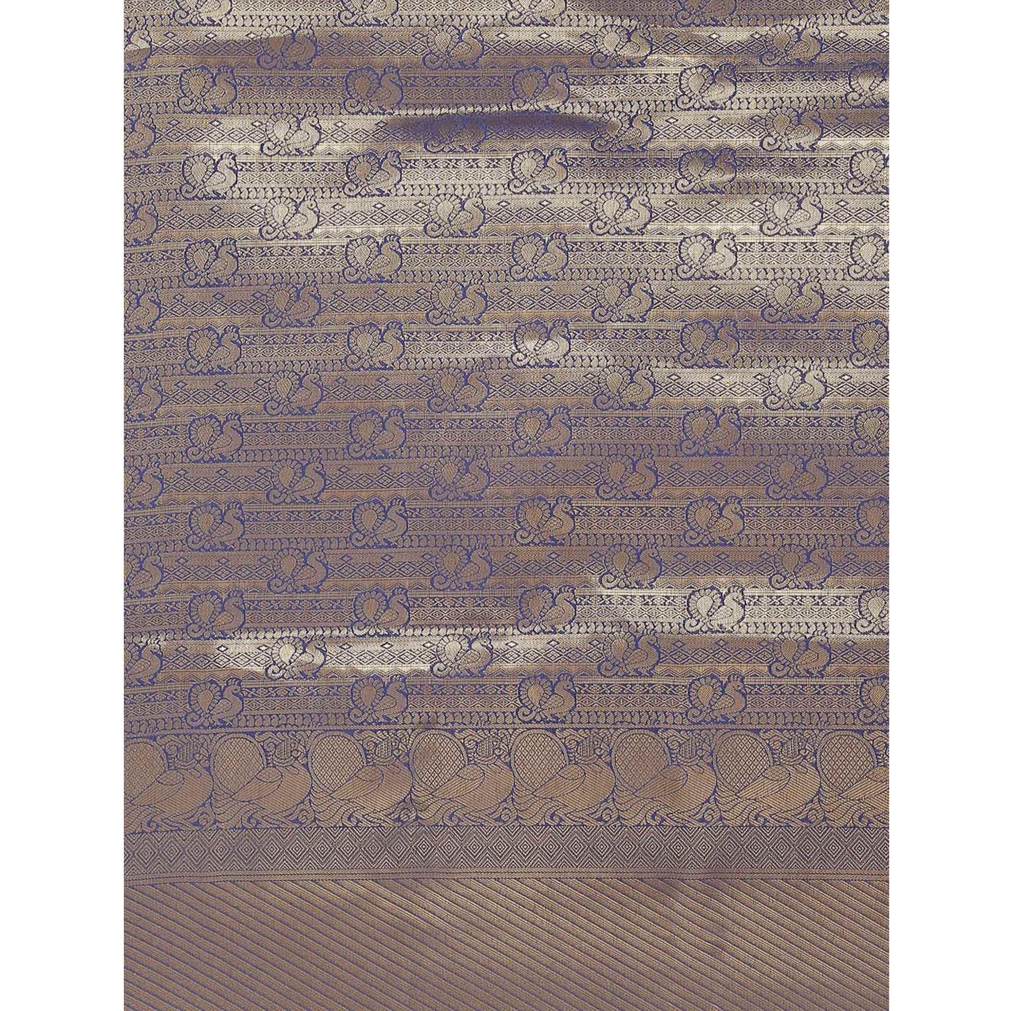 Women's Blue Festive Wear Woven Kanjivaram Silk Saree With Unstitched Blouse - Peachmode