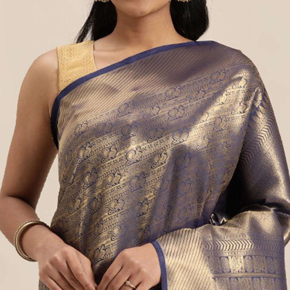 Women's Blue Festive Wear Woven Kanjivaram Silk Saree With Unstitched Blouse - Peachmode