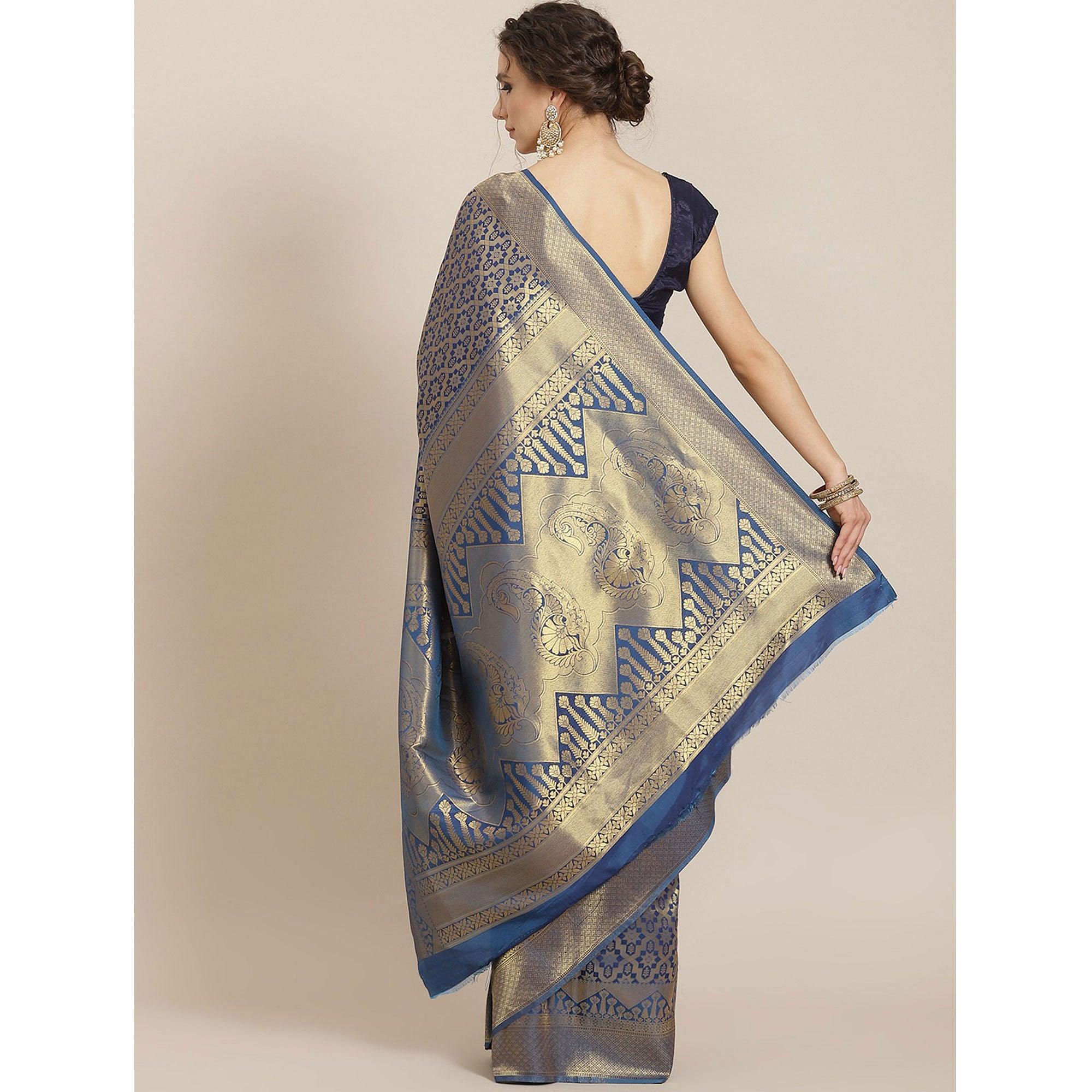Women's Blue Festive Wear Woven Kanjivaram Silk Saree With Unstitched Blouse - Peachmode