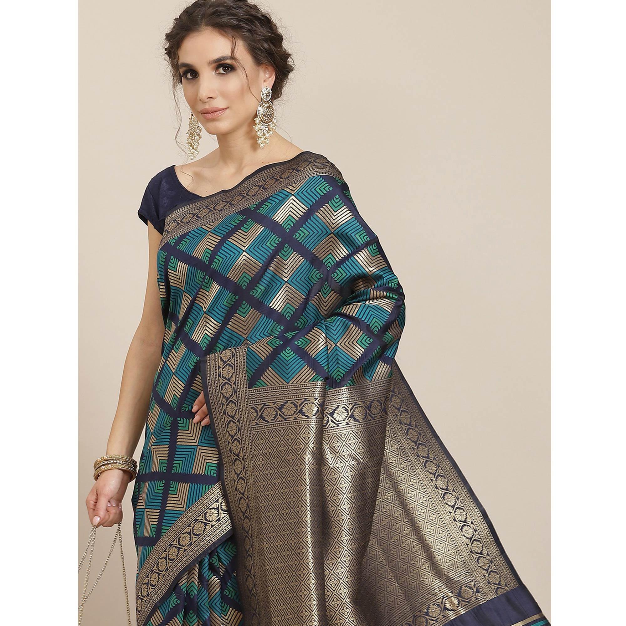 Women's Blue Festive Wear Woven Kanjivaram Silk Saree With Unstitched Blouse - Peachmode
