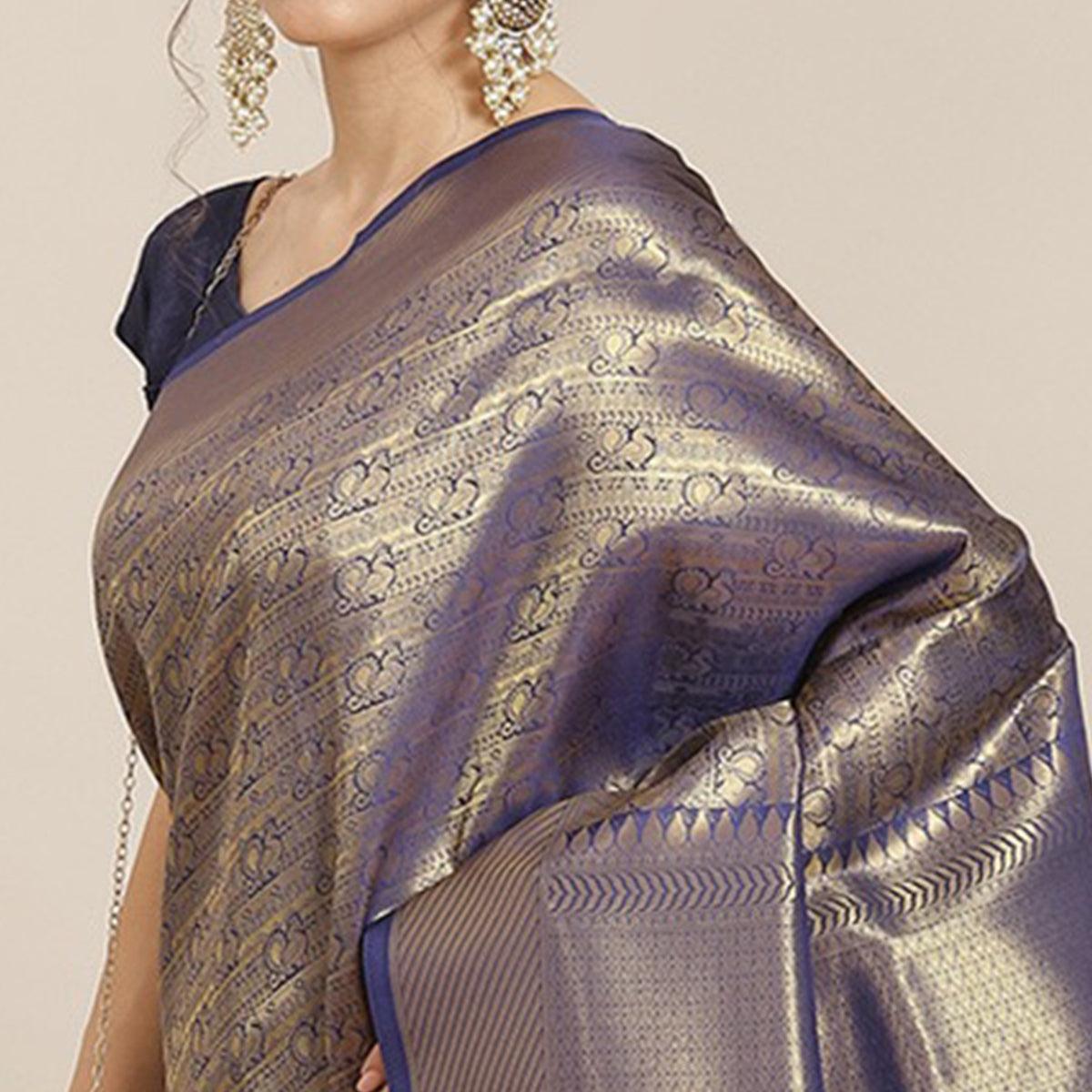Women's Blue Festive Wear Woven Kanjivaram Silk Saree With Unstitched Blouse - Peachmode