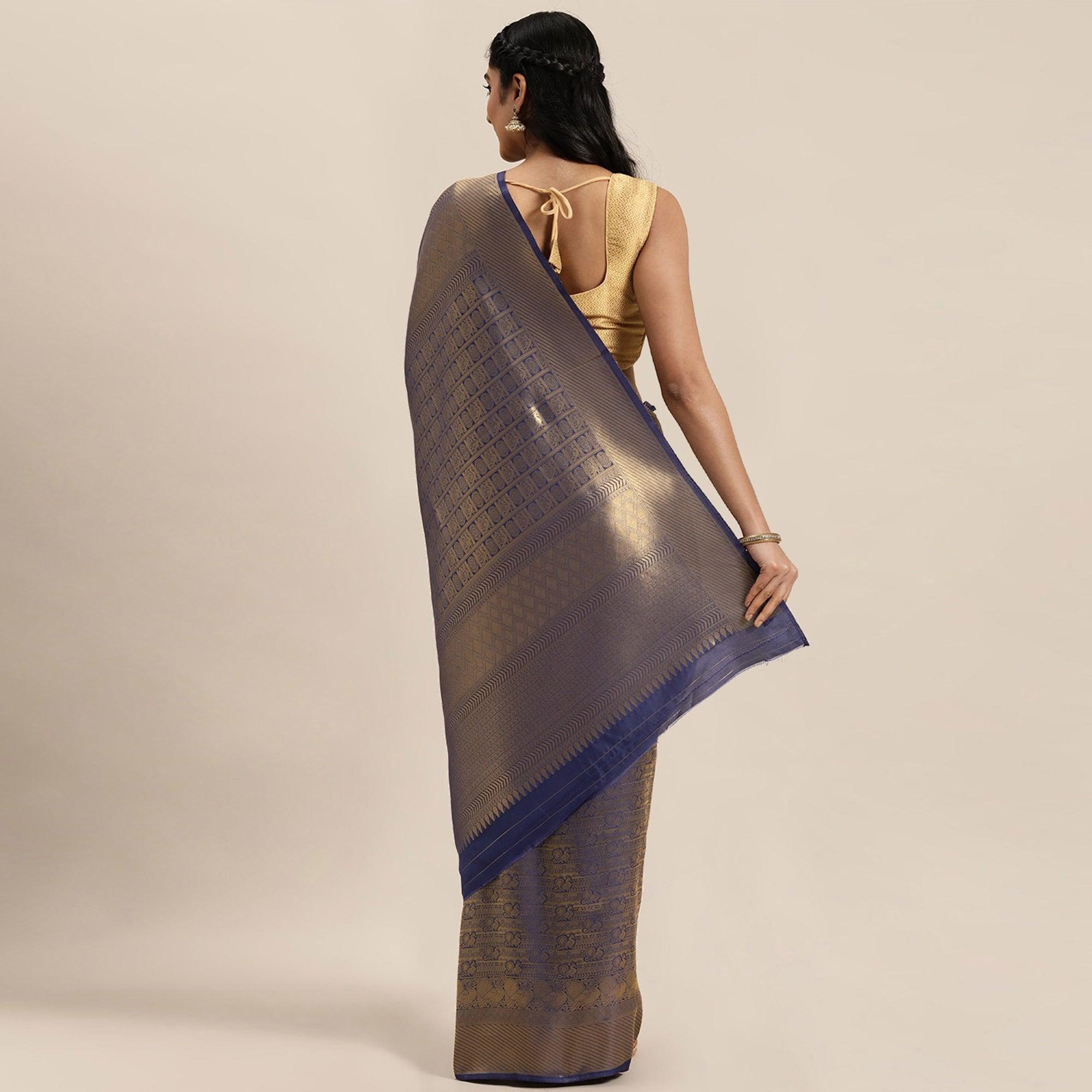 Women's Blue Festive Wear Woven Kanjivaram Silk Saree With Unstitched Blouse - Peachmode