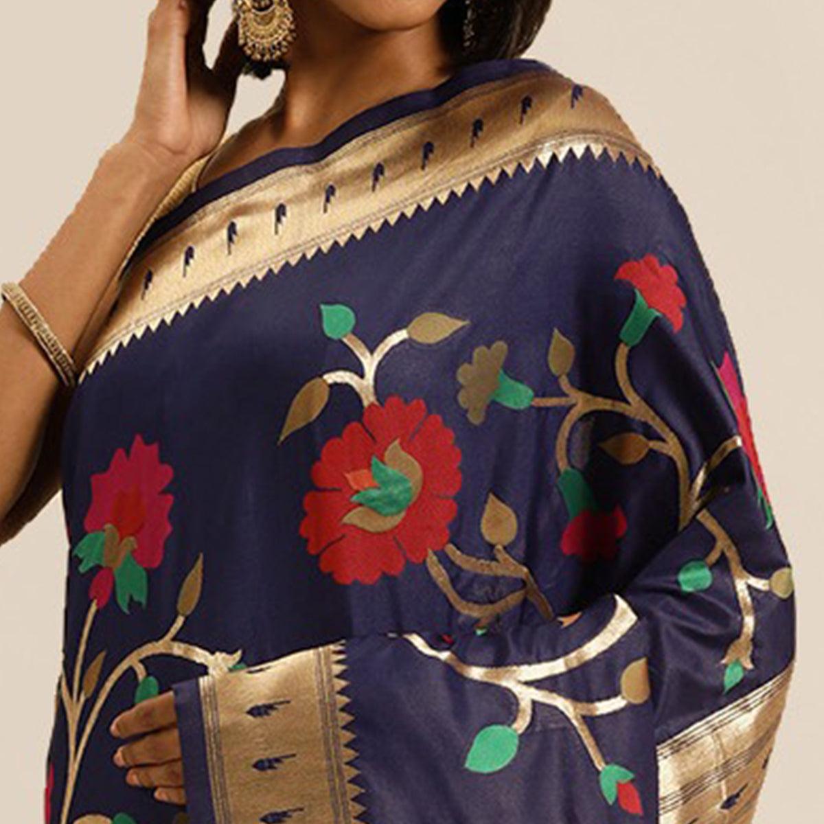 Women's Blue Festive Wear Woven Kanjivaram Silk Saree With Unstitched Blouse - Peachmode