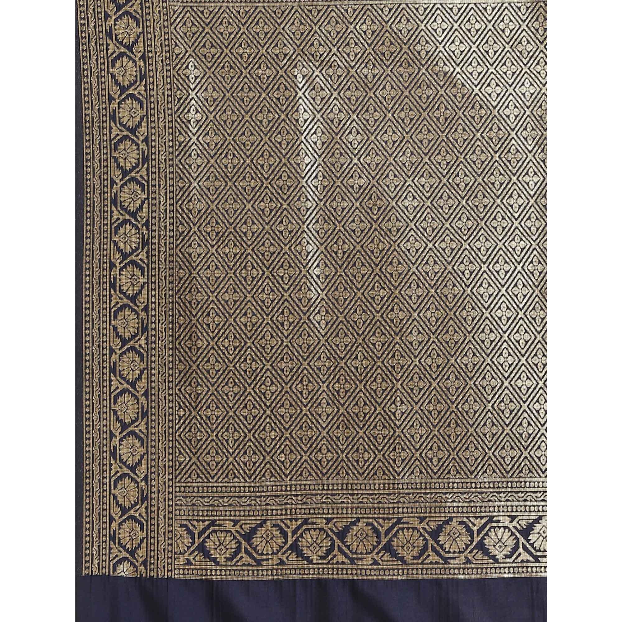 Women's Blue Festive Wear Woven Kanjivaram Silk Saree With Unstitched Blouse - Peachmode