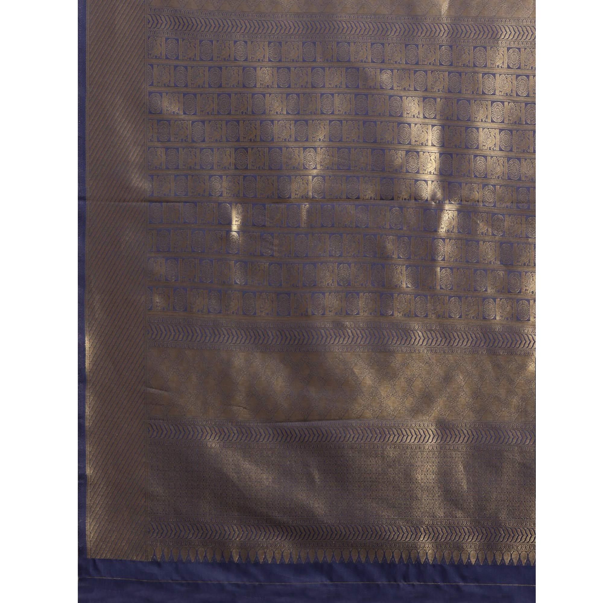 Women's Blue Festive Wear Woven Kanjivaram Silk Saree With Unstitched Blouse - Peachmode