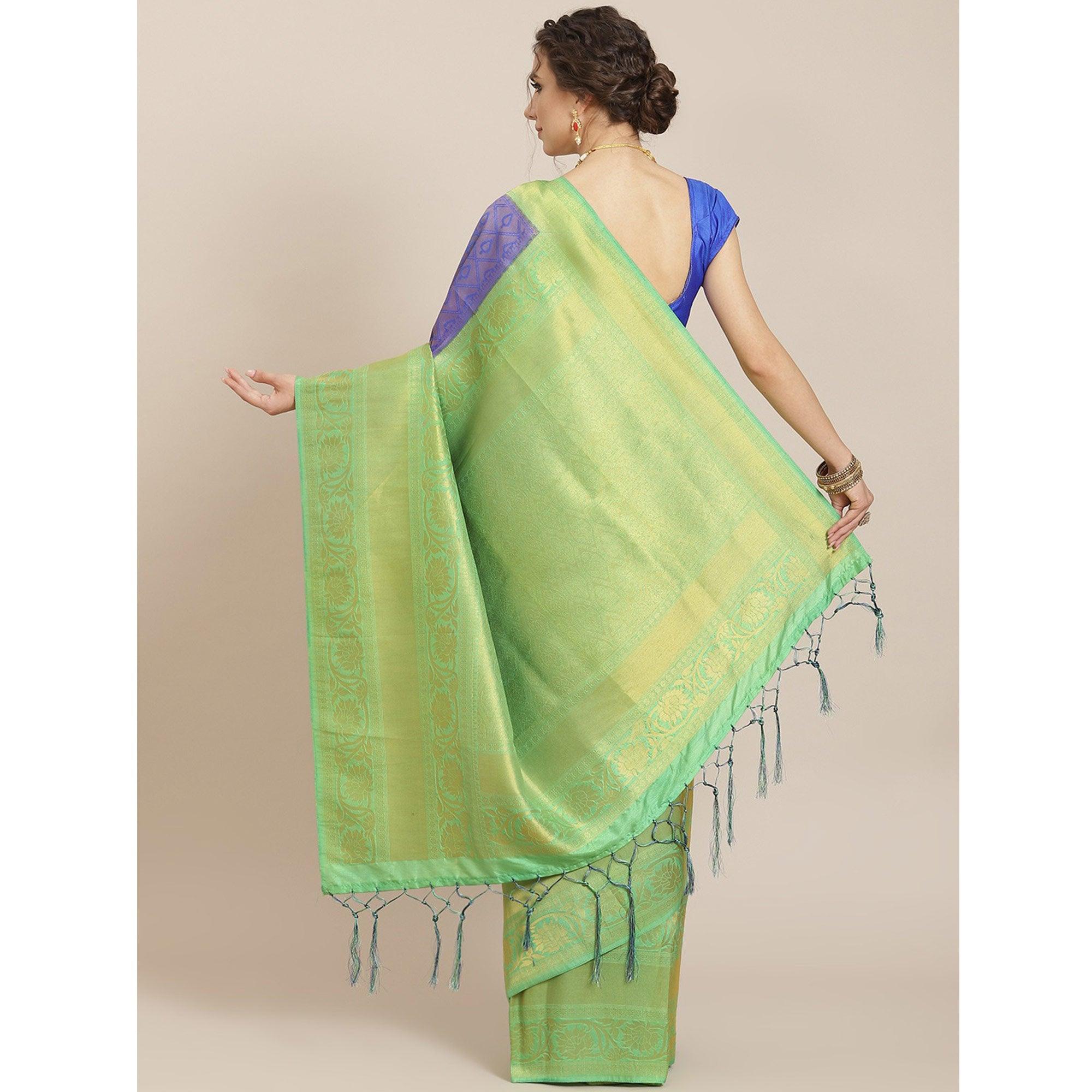 Women's Blue Festive Wear Woven Kanjivaram Silk Saree With Unstitched Blouse - Peachmode