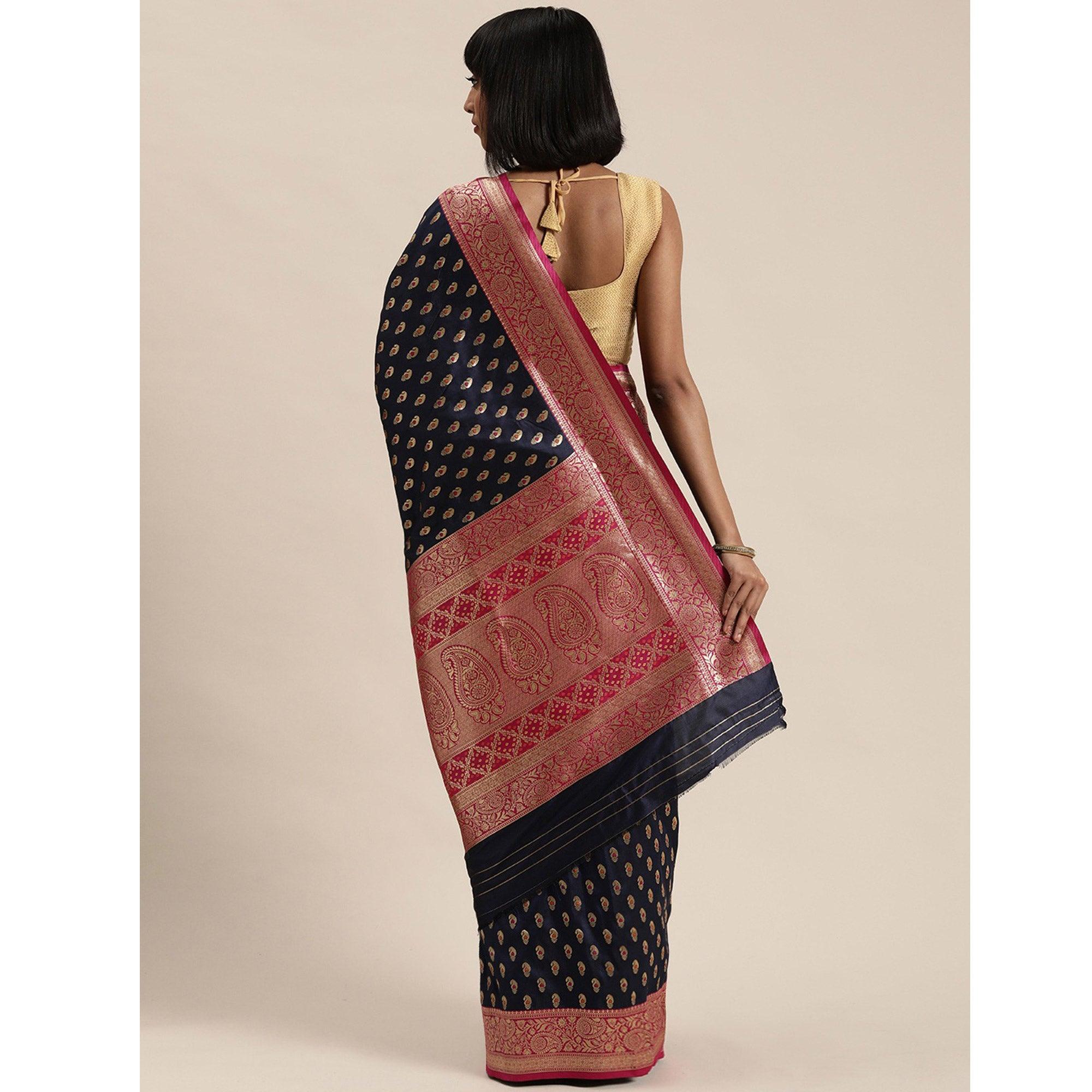 Women's Blue Festive Wear Woven Kanjivaram Silk Saree With Unstitched Blouse - Peachmode