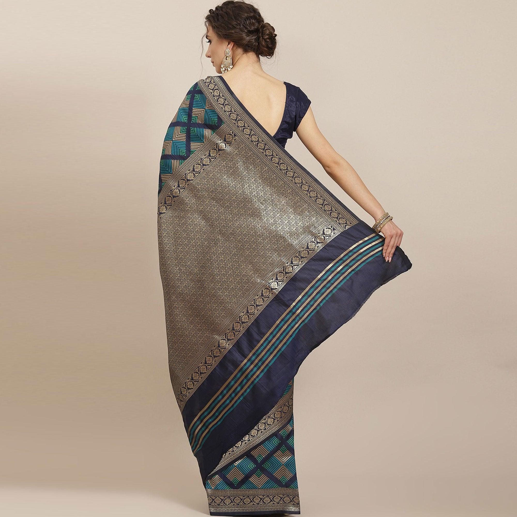 Women's Blue Festive Wear Woven Kanjivaram Silk Saree With Unstitched Blouse - Peachmode