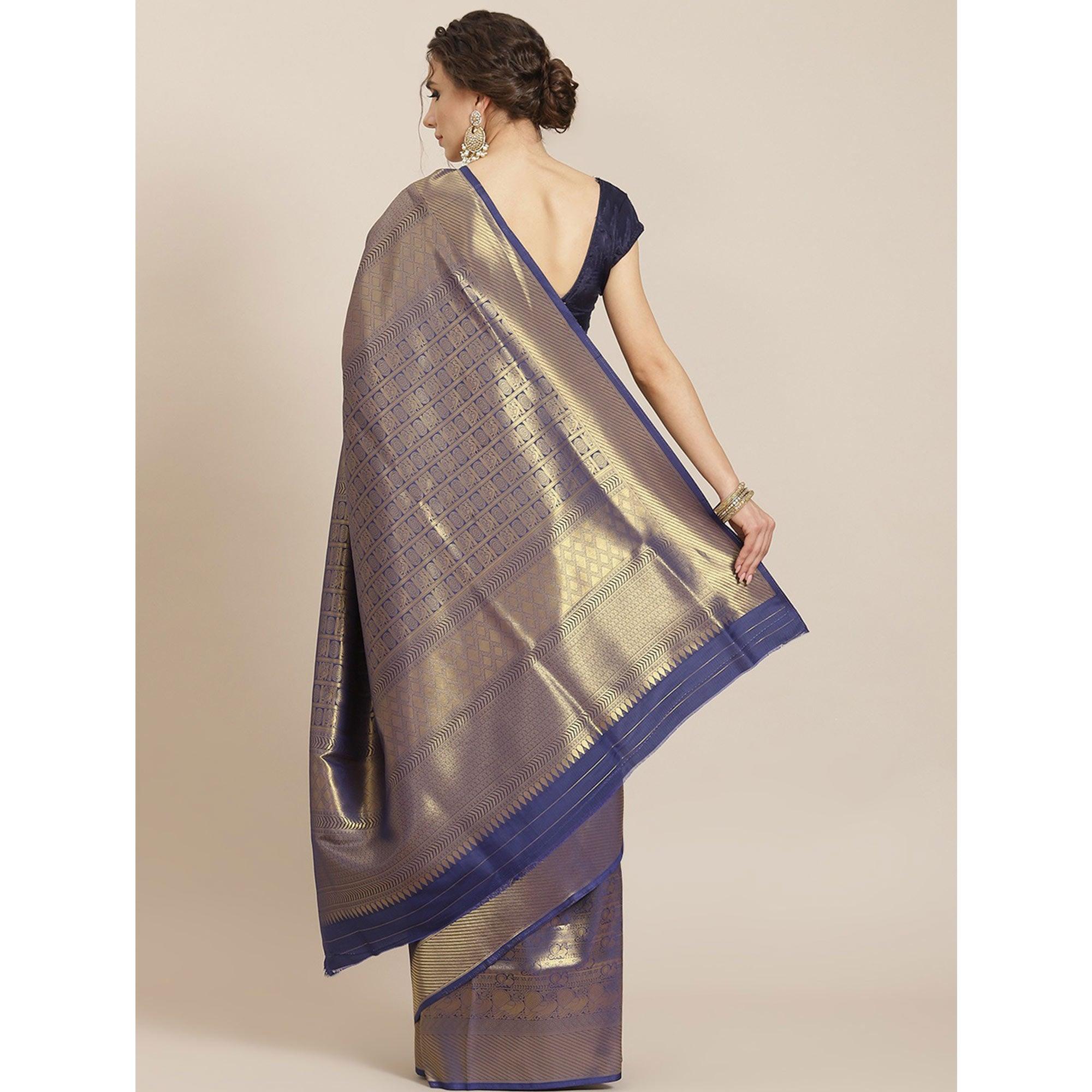 Women's Blue Festive Wear Woven Kanjivaram Silk Saree With Unstitched Blouse - Peachmode