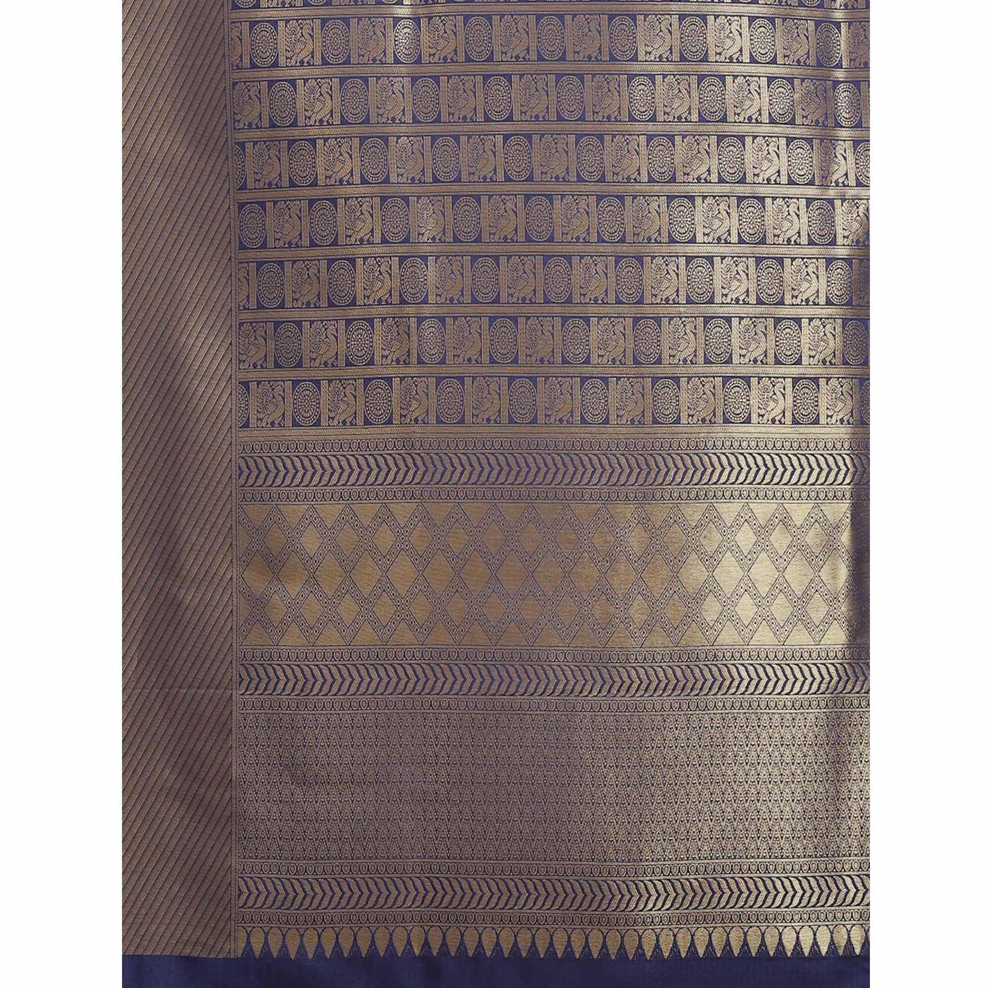 Women's Blue Festive Wear Woven Kanjivaram Silk Saree With Unstitched Blouse - Peachmode
