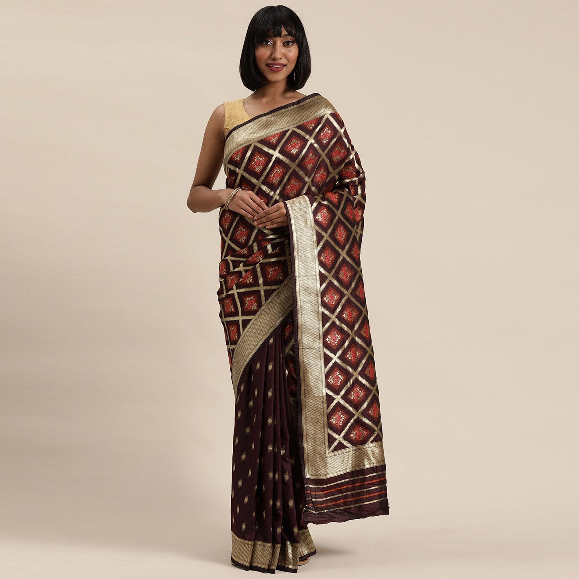 Women's Brown Festive Wear Woven Kanjivaram Silk Saree With Unstitched Blouse - Peachmode