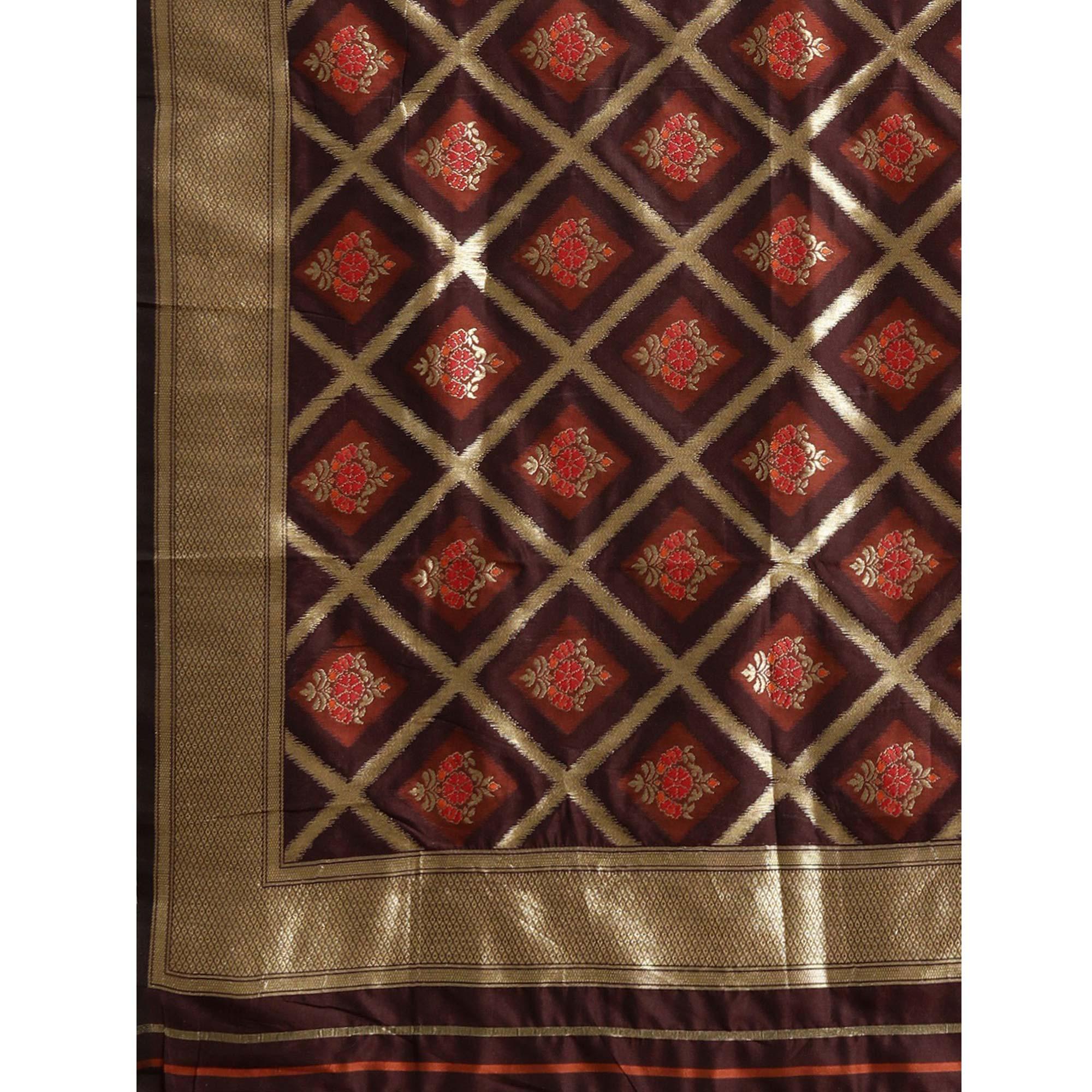 Women's Brown Festive Wear Woven Kanjivaram Silk Saree With Unstitched Blouse - Peachmode