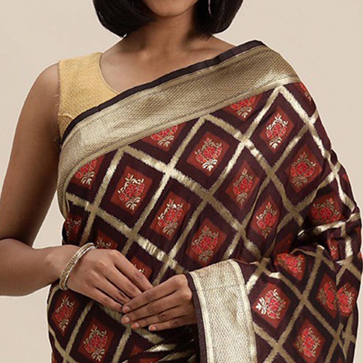 Women's Brown Festive Wear Woven Kanjivaram Silk Saree With Unstitched Blouse - Peachmode