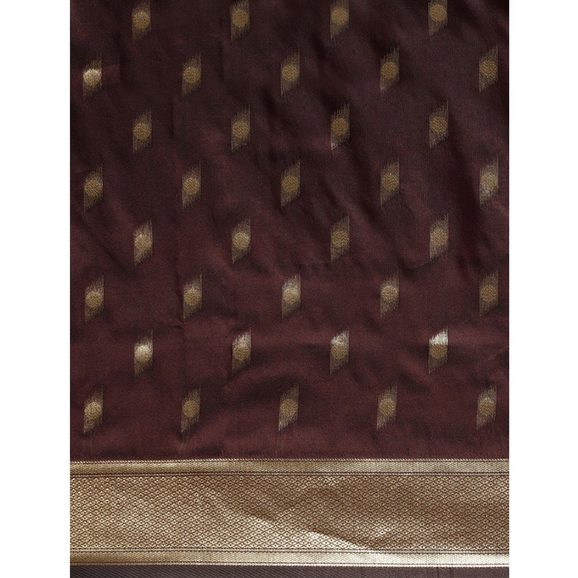Women's Brown Festive Wear Woven Kanjivaram Silk Saree With Unstitched Blouse - Peachmode