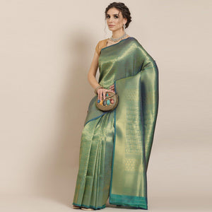 Women's Green Festive Wear Woven Kanjivaram Silk Saree With Unstitched Blouse - Peachmode