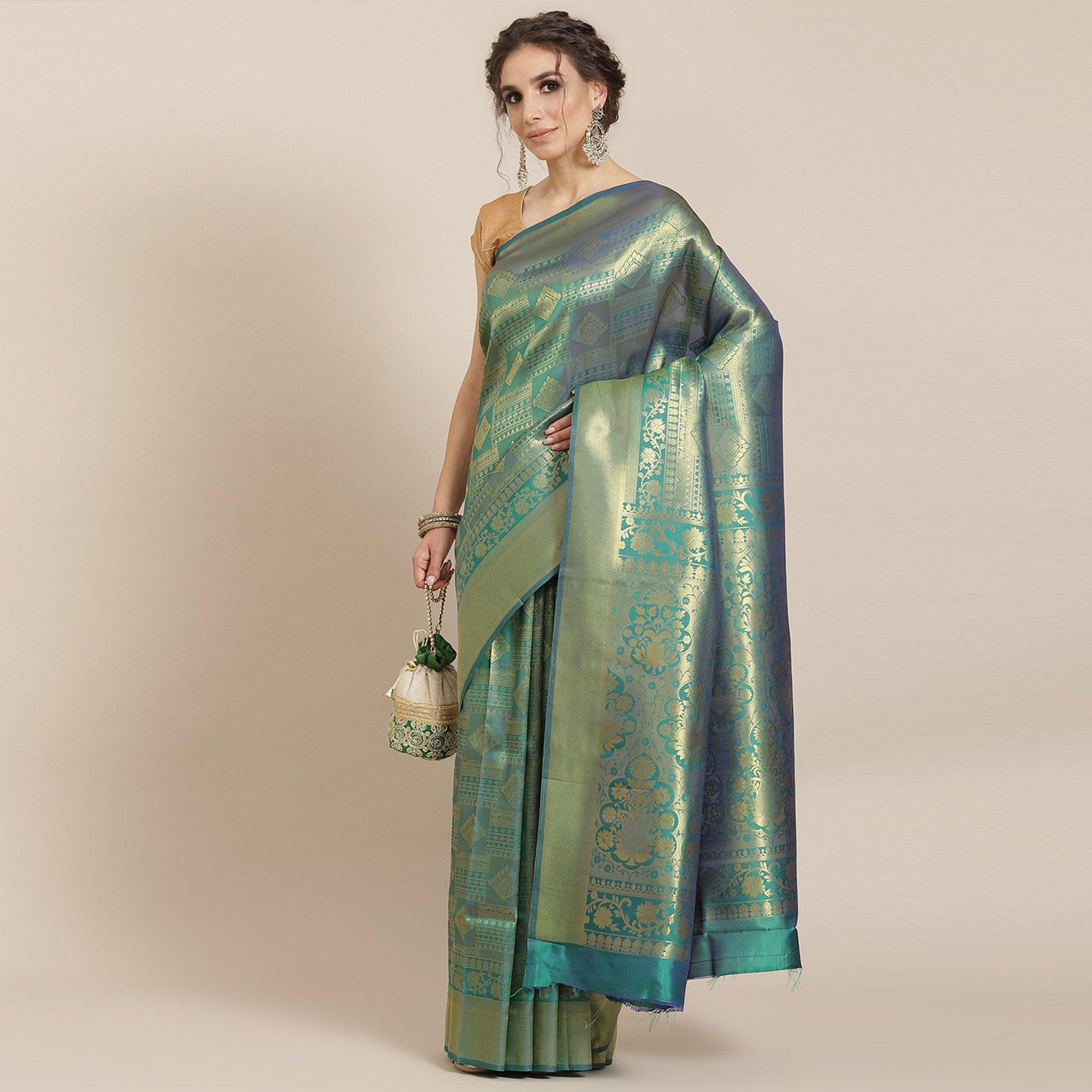 Women's Green Festive Wear Woven Kanjivaram Silk Saree With Unstitched Blouse - Peachmode
