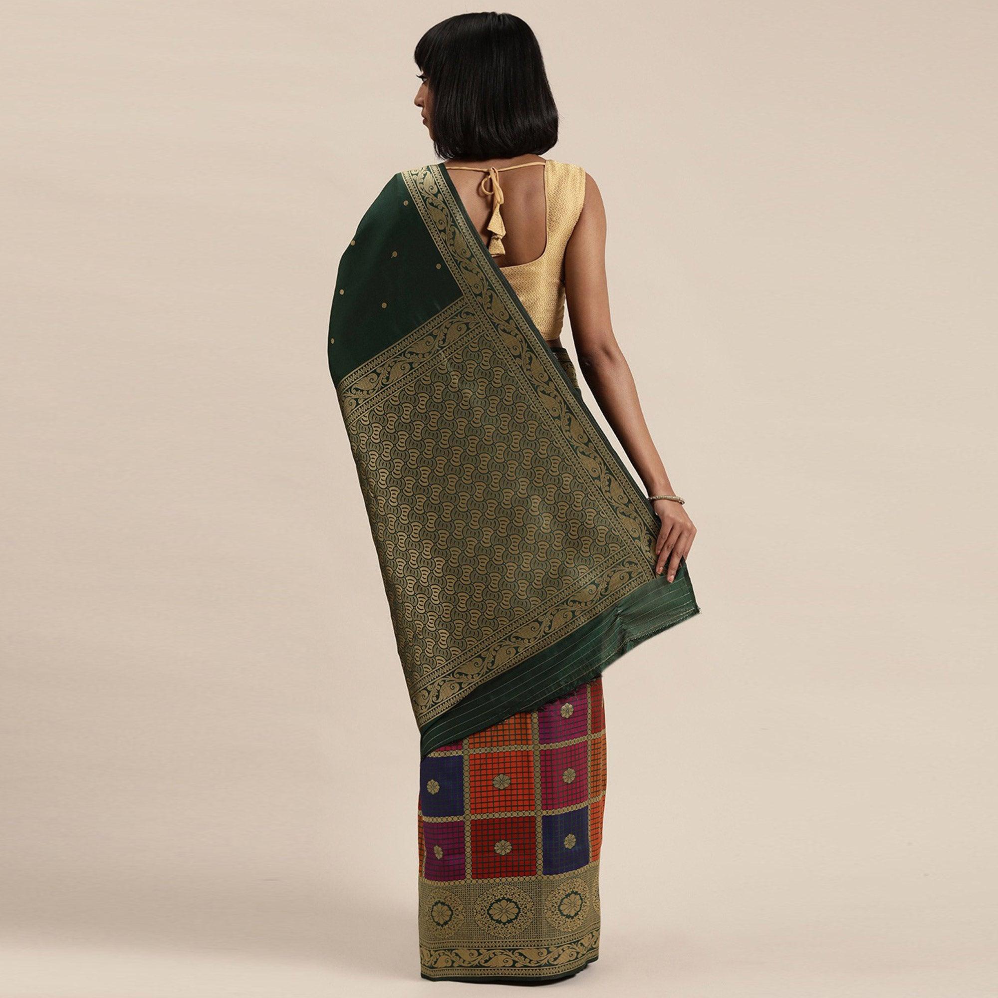 Women's Green Festive Wear Woven Kanjivaram Silk Saree With Unstitched Blouse - Peachmode