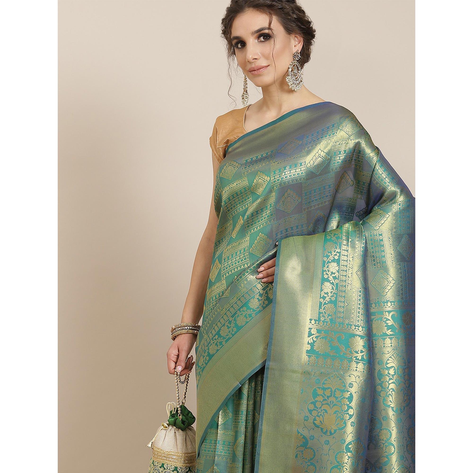 Women's Green Festive Wear Woven Kanjivaram Silk Saree With Unstitched Blouse - Peachmode