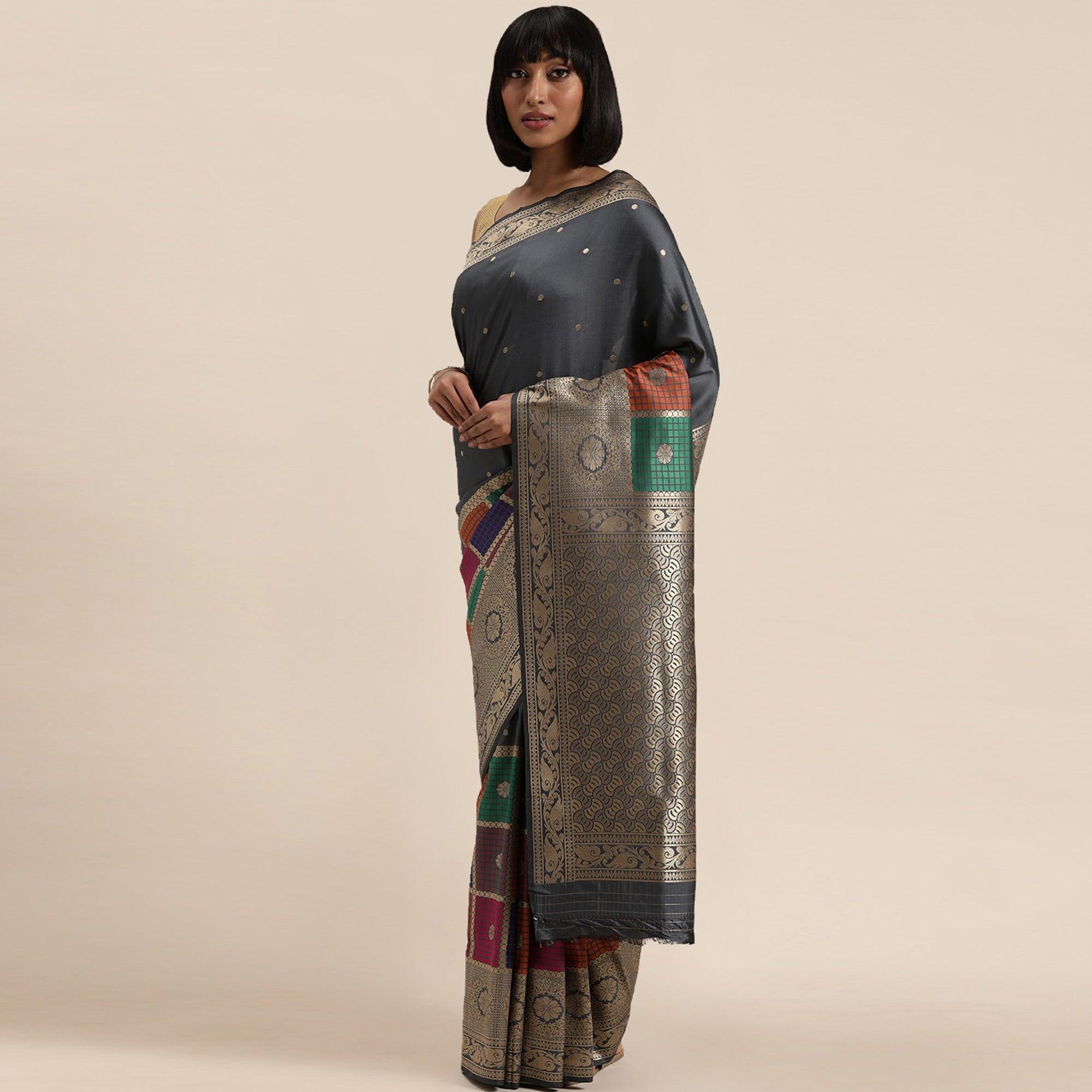 Women's Grey Festive Wear Woven Kanjivaram Silk Saree With Unstitched Blouse - Peachmode