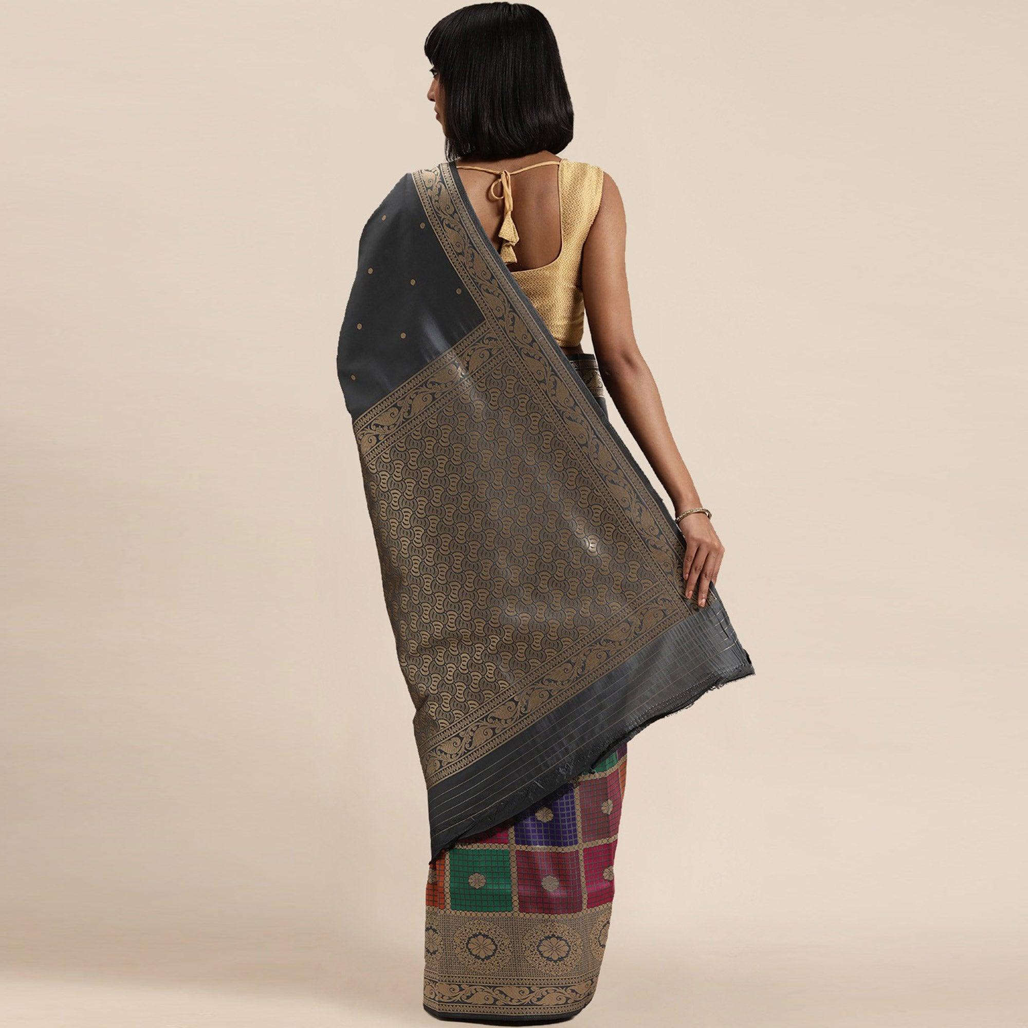 Women's Grey Festive Wear Woven Kanjivaram Silk Saree With Unstitched Blouse - Peachmode