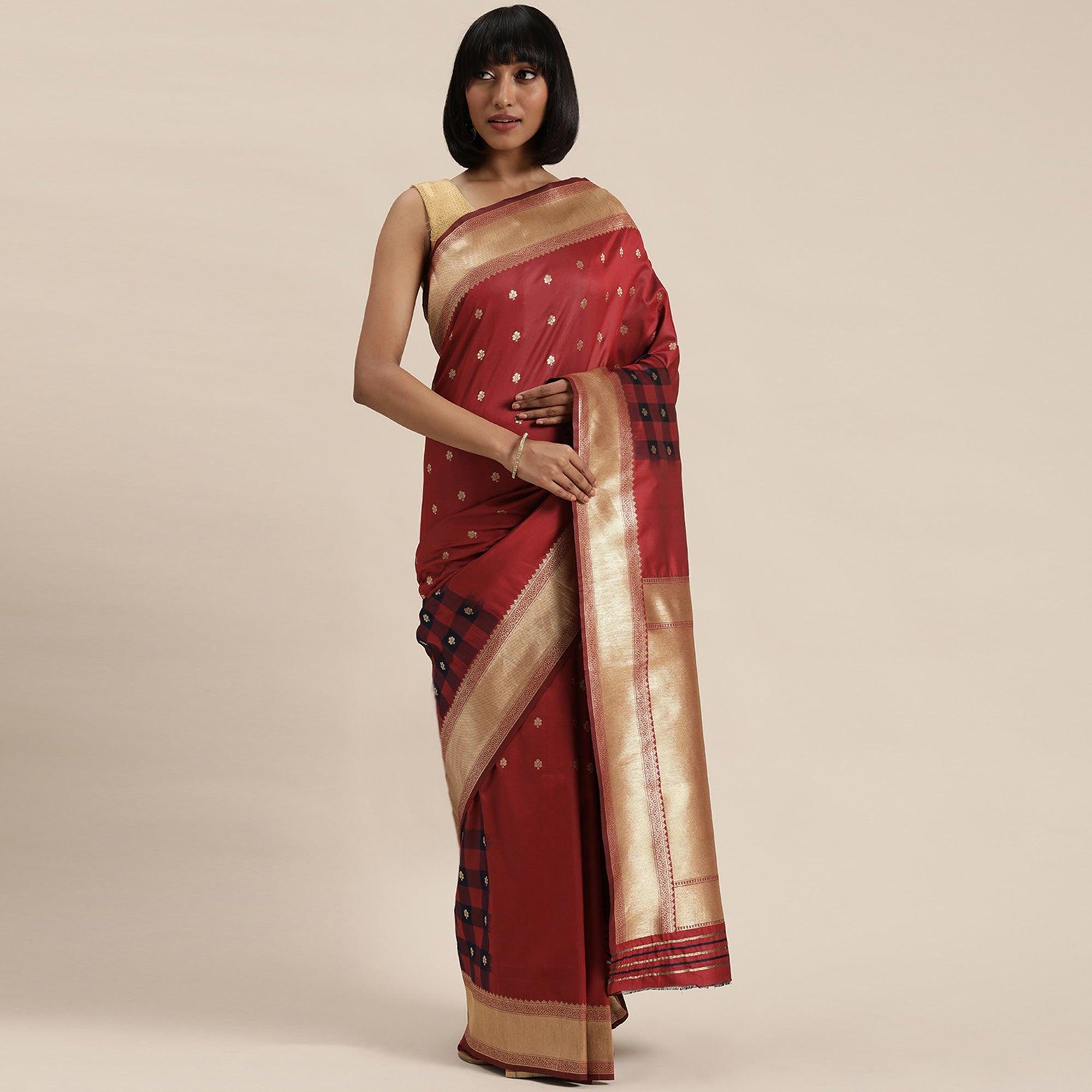 Women's Marron Festive Wear Woven Kanjivaram Silk Saree With Unstitched Blouse - Peachmode