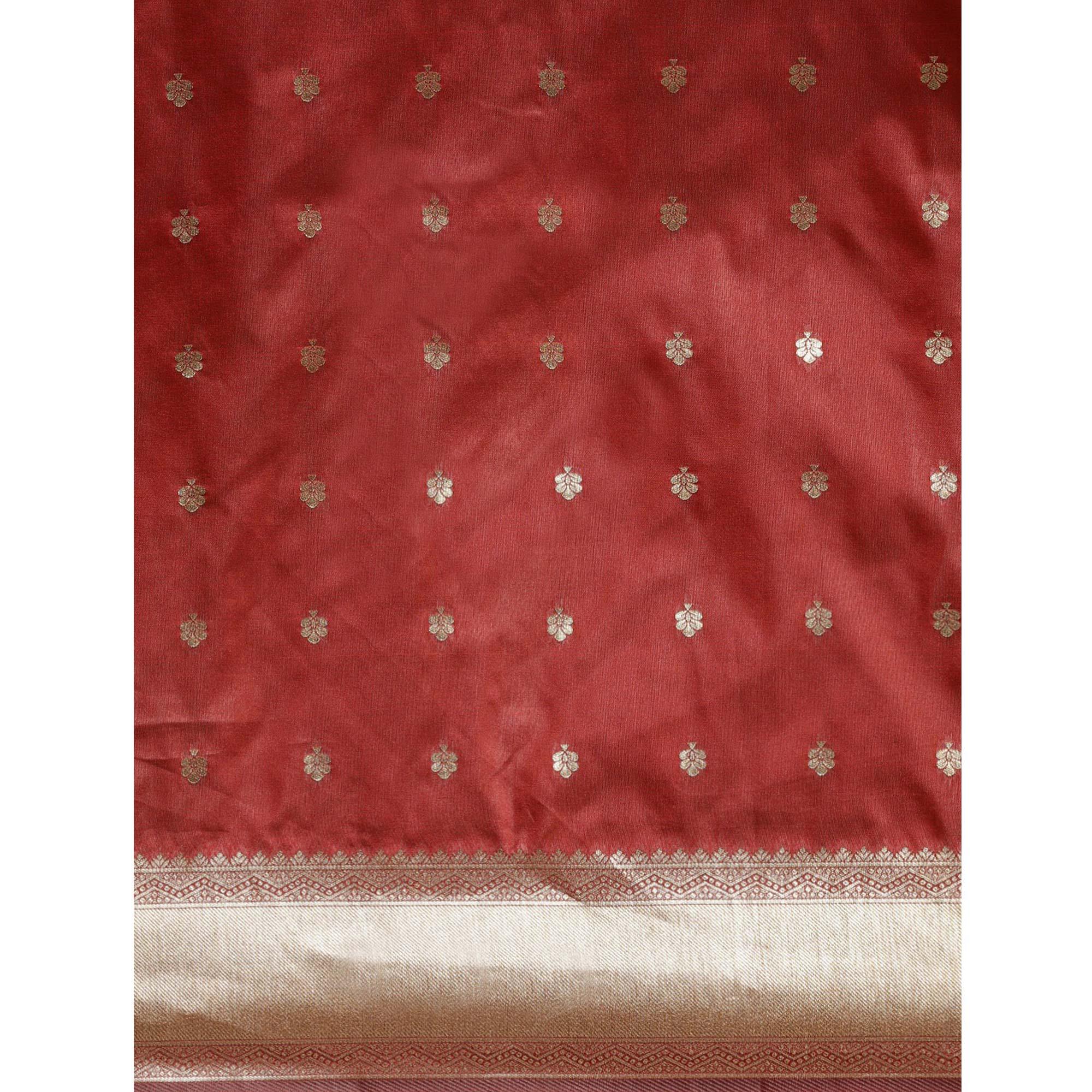 Women's Marron Festive Wear Woven Kanjivaram Silk Saree With Unstitched Blouse - Peachmode
