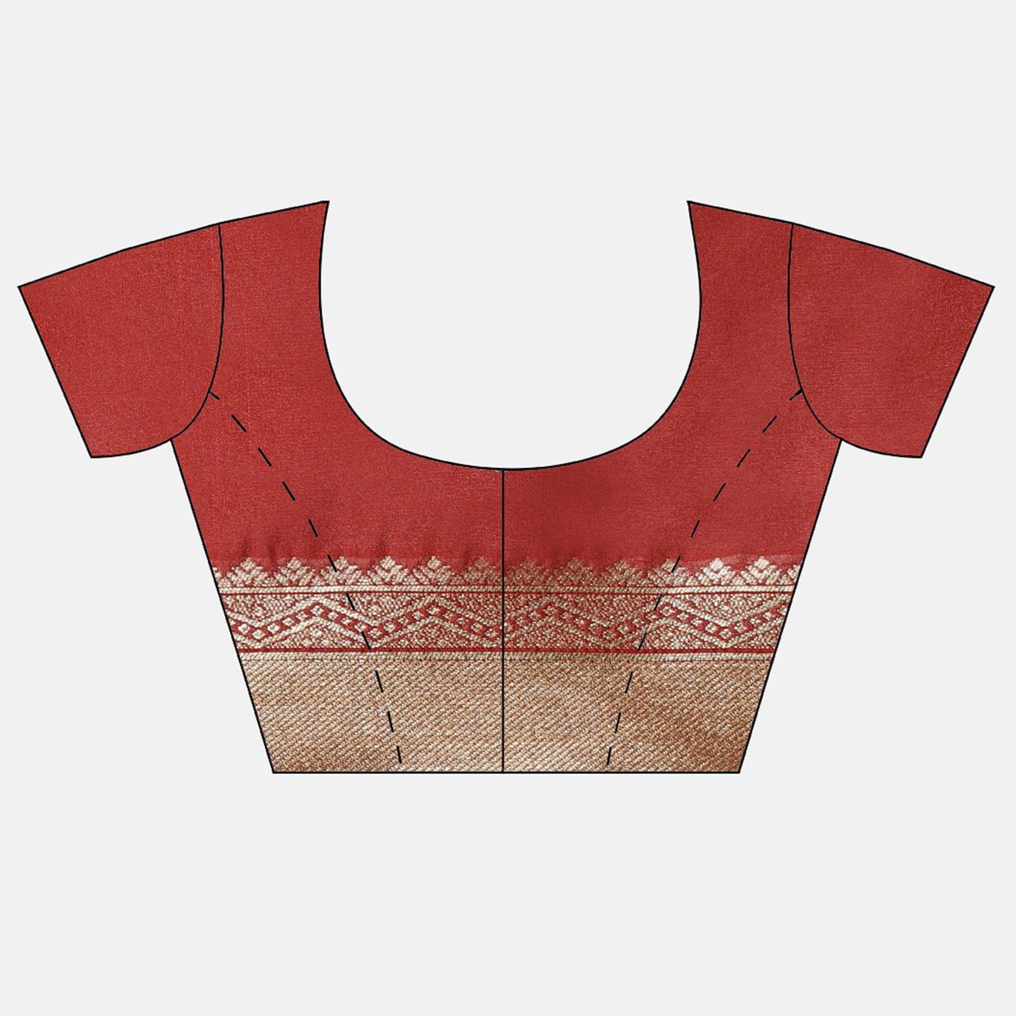 Women's Marron Festive Wear Woven Kanjivaram Silk Saree With Unstitched Blouse - Peachmode