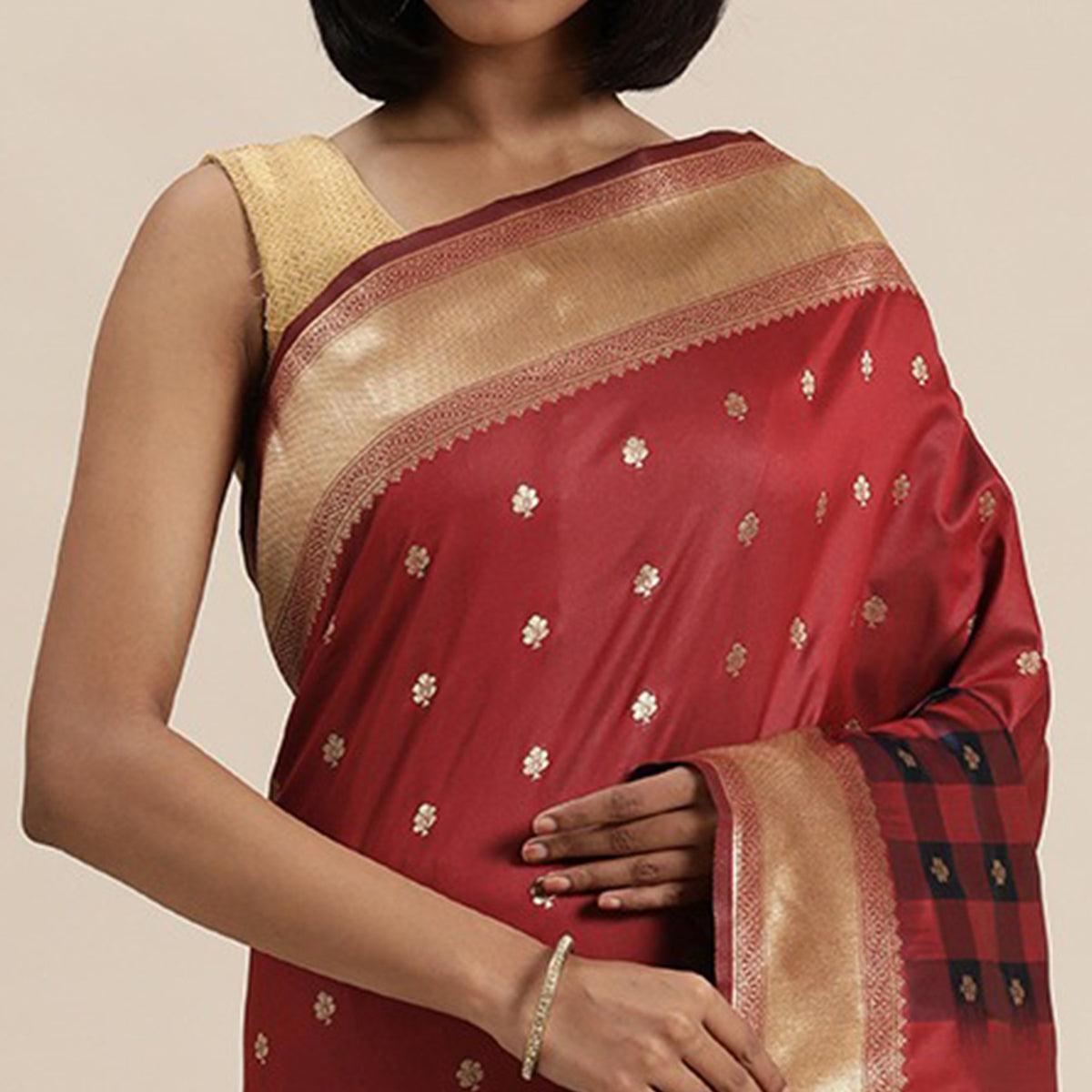 Women's Marron Festive Wear Woven Kanjivaram Silk Saree With Unstitched Blouse - Peachmode