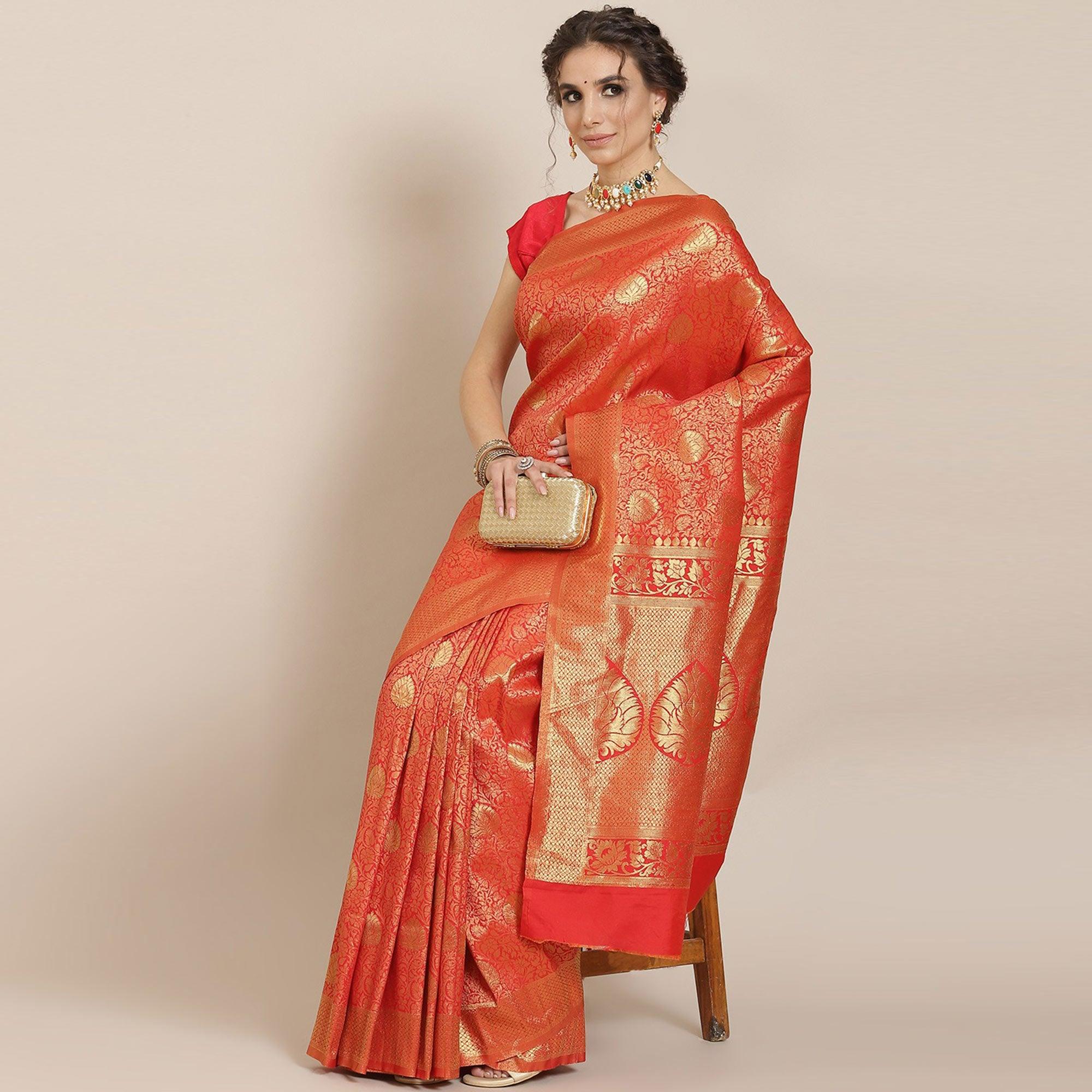 Women's Orange Festive Wear Woven Kanjivaram Silk Saree With Unstitched Blouse - Peachmode