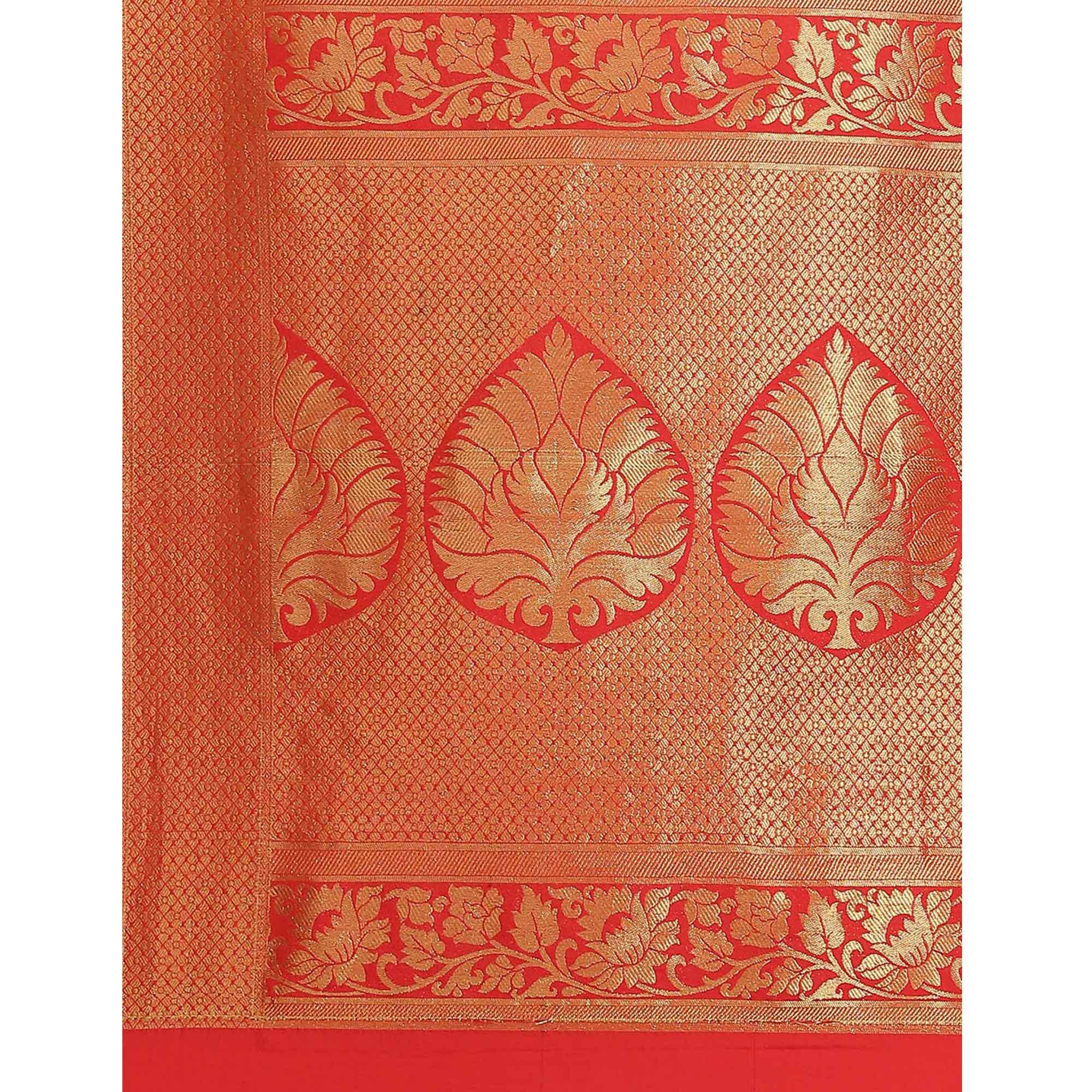 Women's Orange Festive Wear Woven Kanjivaram Silk Saree With Unstitched Blouse - Peachmode