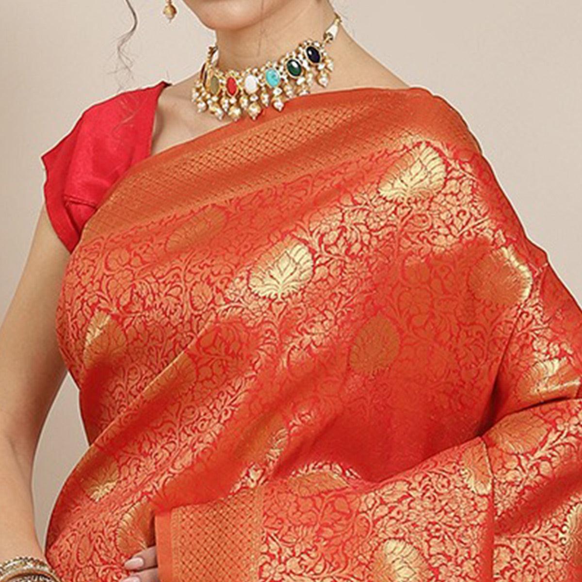 Women's Orange Festive Wear Woven Kanjivaram Silk Saree With Unstitched Blouse - Peachmode