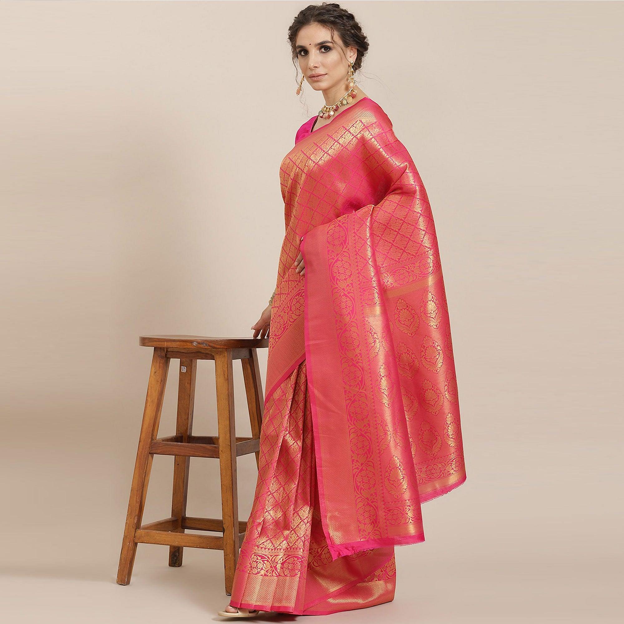 Women's Pink Festive Wear Woven Kanjivaram Silk Saree With Unstitched Blouse - Peachmode