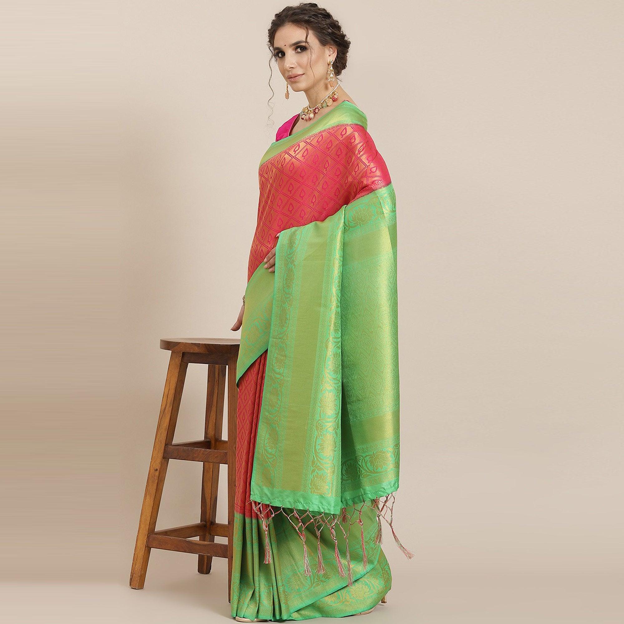 Women's Pink Festive Wear Woven Kanjivaram Silk Saree With Unstitched Blouse - Peachmode