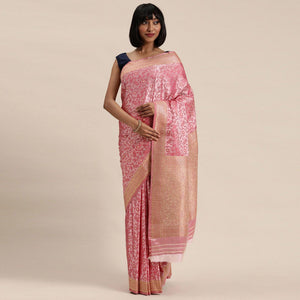 Women's Pink Festive Wear Woven Kanjivaram Silk Saree With Unstitched Blouse - Peachmode